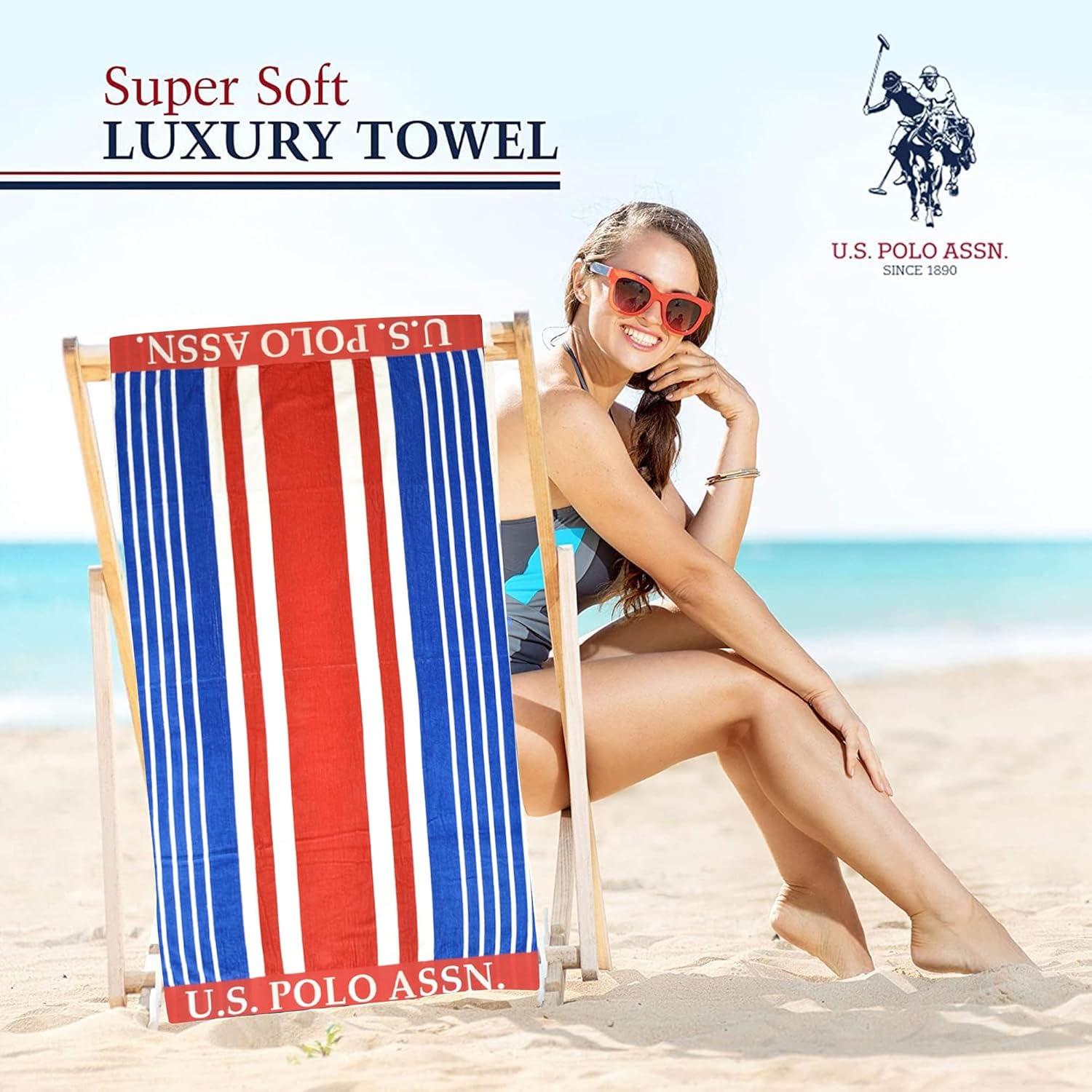 imageUS Polo Assn Oversized 40 x 70 Striped Nautical Design Beach Towel Luxury Plush Cotton Hotel Quality for Bath Pool Bon Voyage StripeBlueRedWhite 2