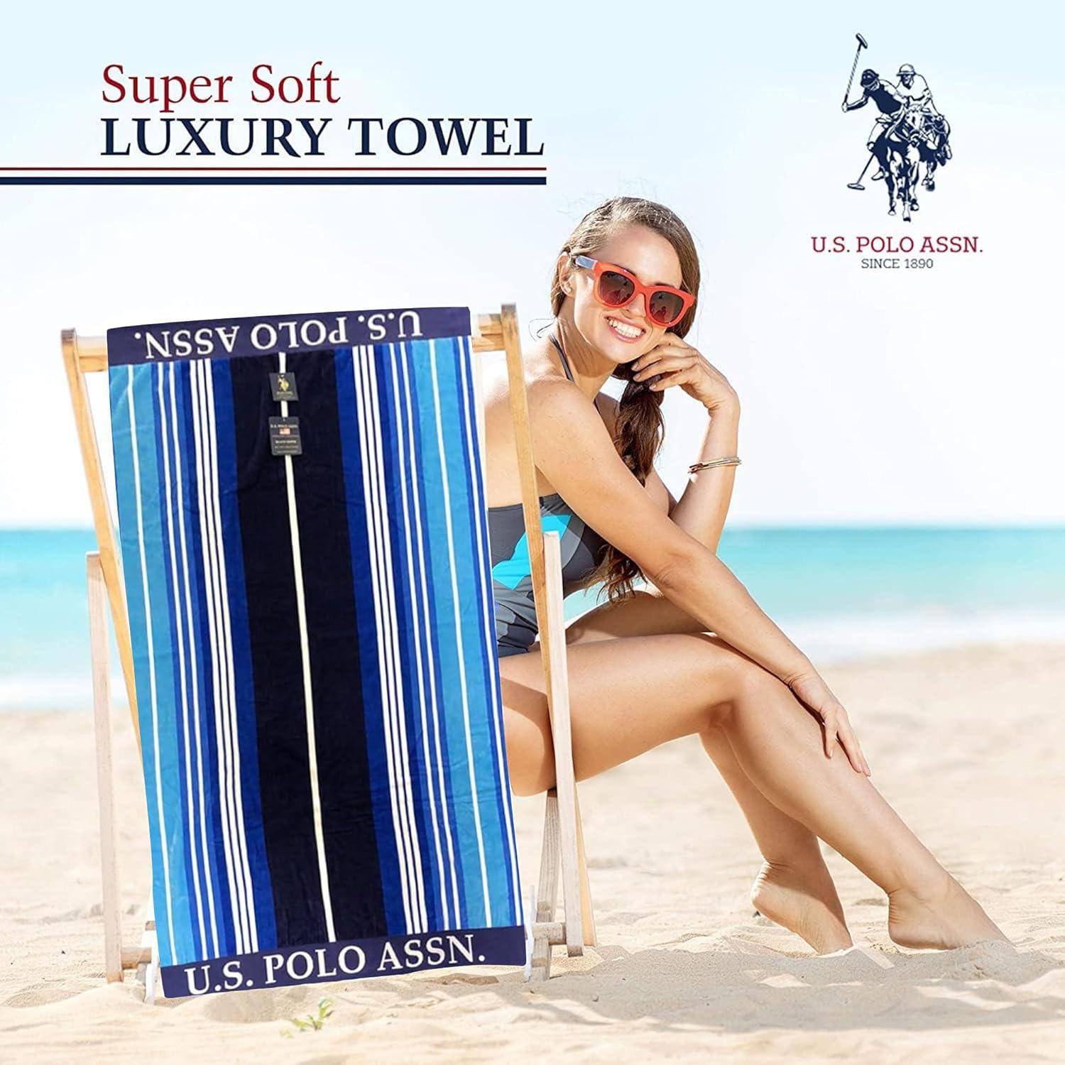 imageUS Polo Assn Oversized 40 x 70 Striped Nautical Design Beach Towel Luxury Plush Cotton Hotel Quality for Bath Pool Bon Voyage StripeBlueTeal
