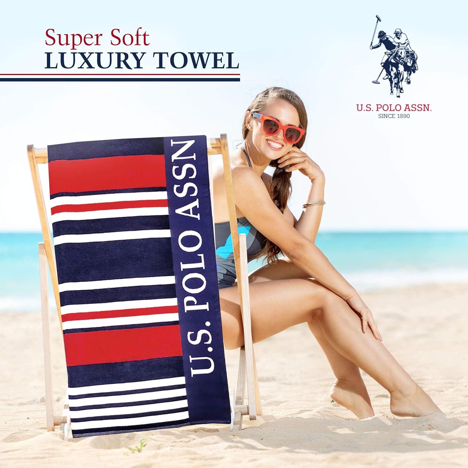 imageUS Polo Assn Oversized 40 x 70 Striped Nautical Design Beach Towel Luxury Plush Cotton Hotel Quality for Bath Pool Bon Voyage StripeBon Voyage Stripe