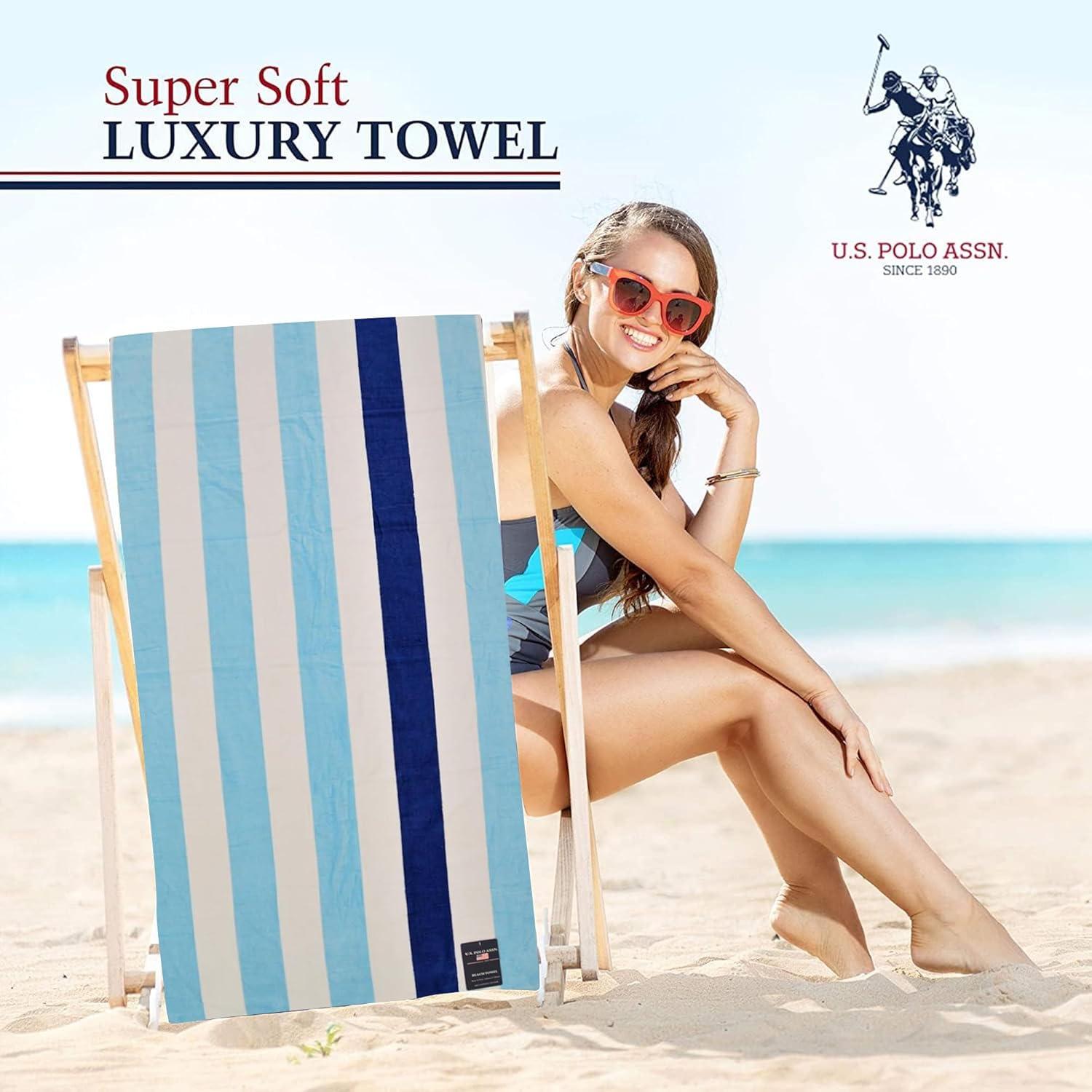 imageUS Polo Assn Oversized 40 x 70 Striped Nautical Design Beach Towel Luxury Plush Cotton Hotel Quality for Bath Pool Bon Voyage StripeCabana Stripe AqblueNavy