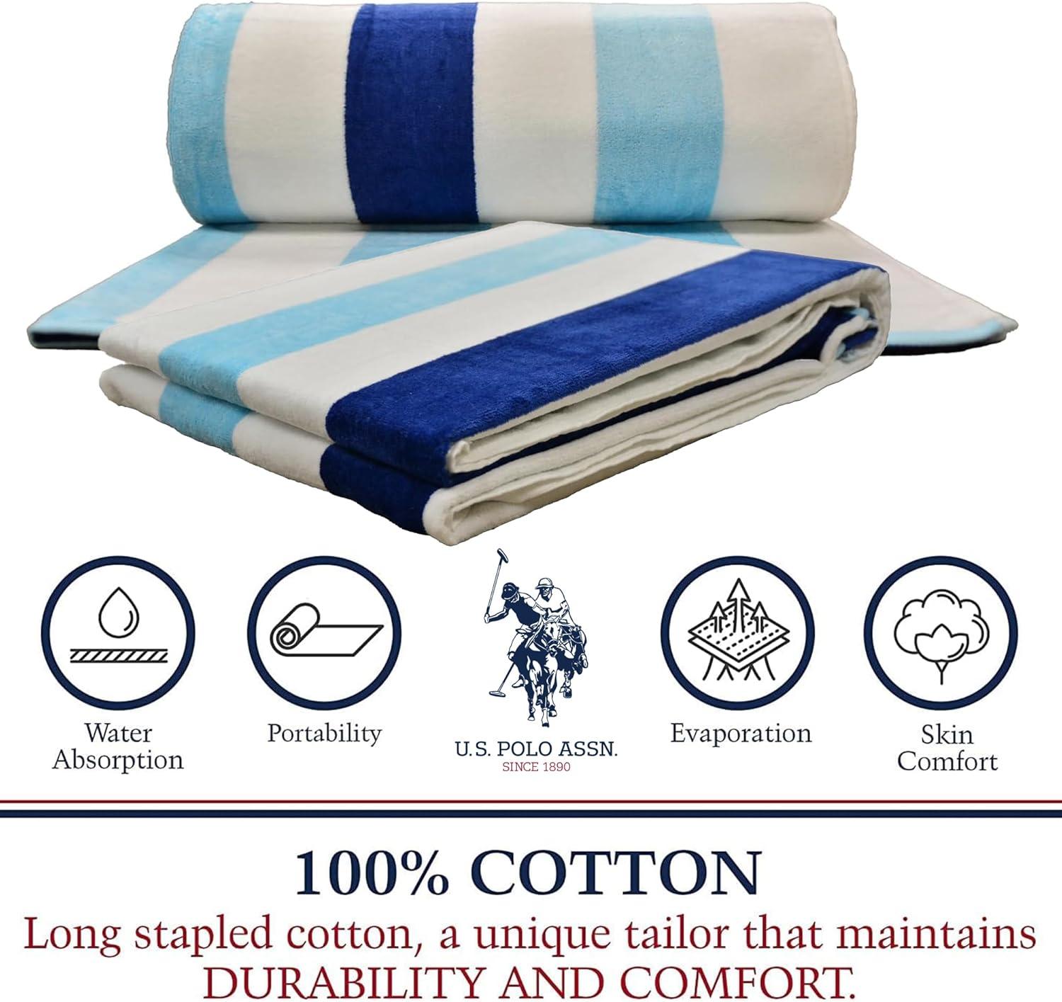 imageUS Polo Assn Oversized 40 x 70 Striped Nautical Design Beach Towel Luxury Plush Cotton Hotel Quality for Bath Pool Bon Voyage StripeCabana Stripe AqblueNavy
