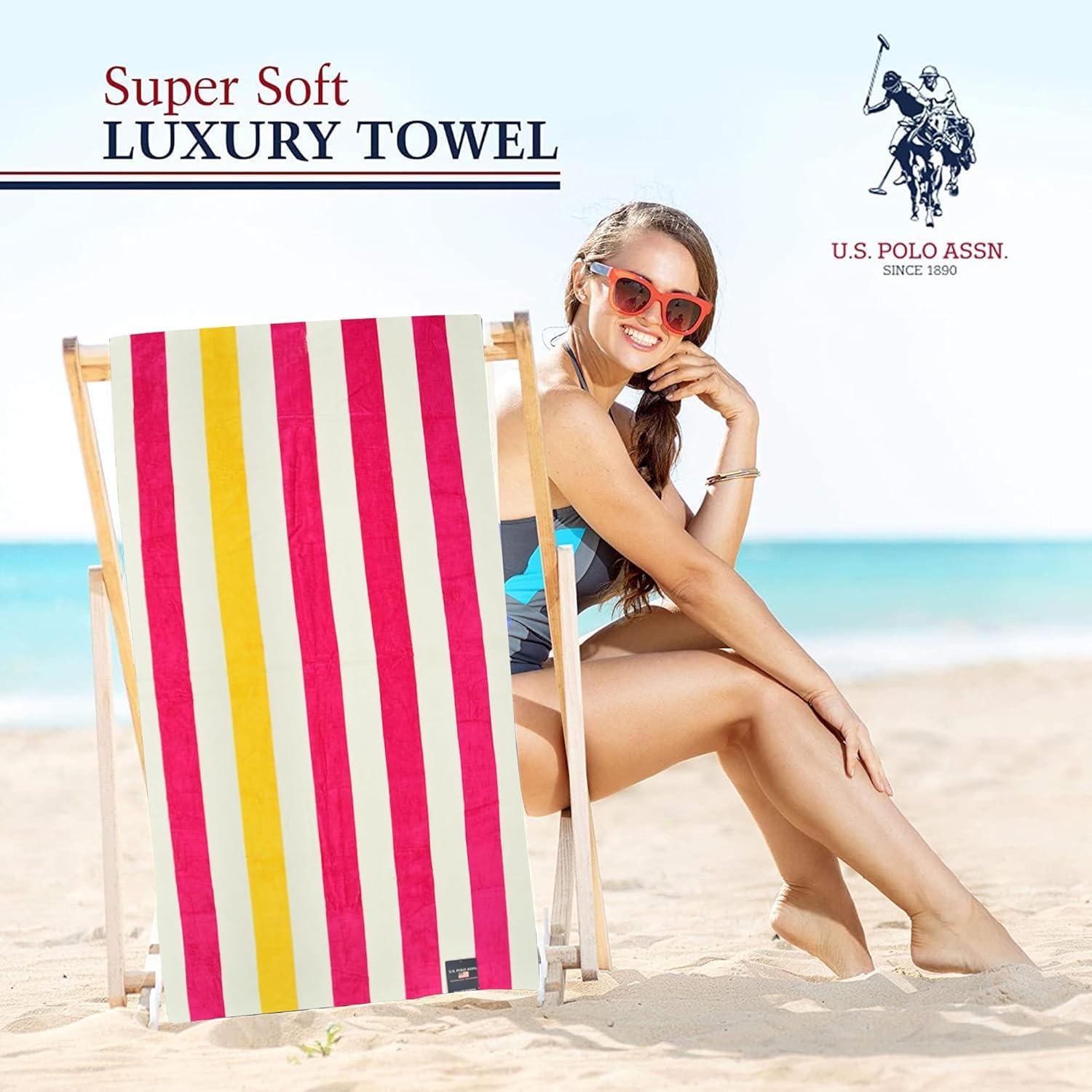imageUS Polo Assn Oversized 40 x 70 Striped Nautical Design Beach Towel Luxury Plush Cotton Hotel Quality for Bath Pool Bon Voyage StripeCabana Stripe FushiaYellow