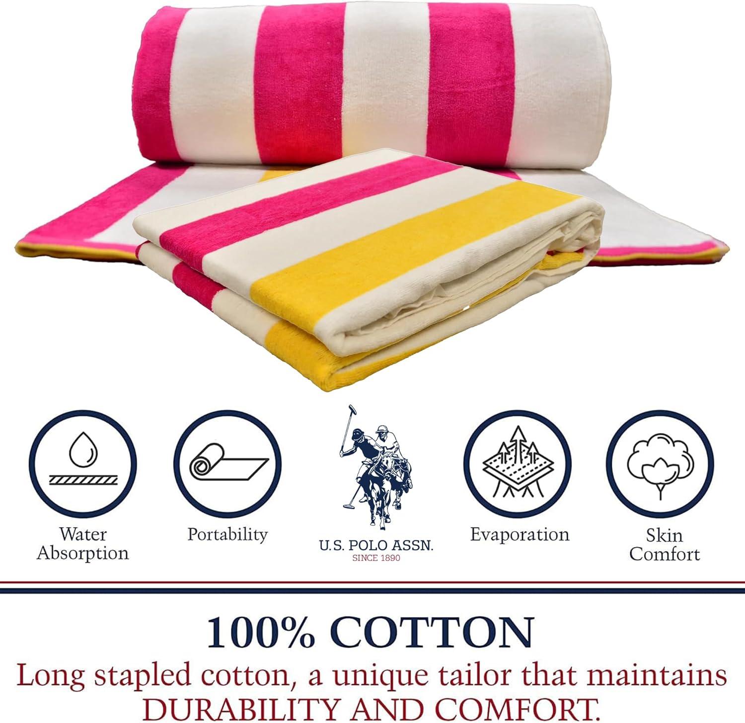 imageUS Polo Assn Oversized 40 x 70 Striped Nautical Design Beach Towel Luxury Plush Cotton Hotel Quality for Bath Pool Bon Voyage StripeCabana Stripe FushiaYellow