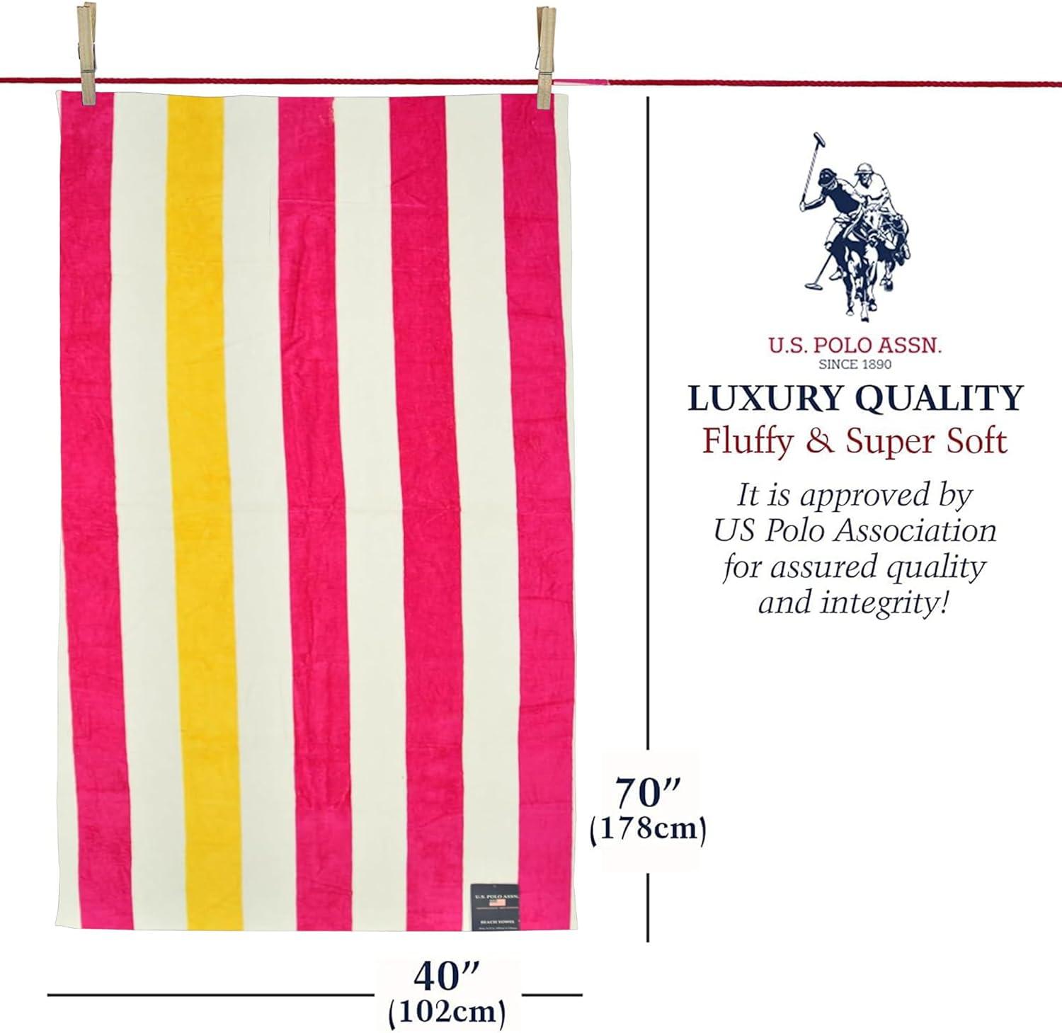 imageUS Polo Assn Oversized 40 x 70 Striped Nautical Design Beach Towel Luxury Plush Cotton Hotel Quality for Bath Pool Bon Voyage StripeCabana Stripe FushiaYellow