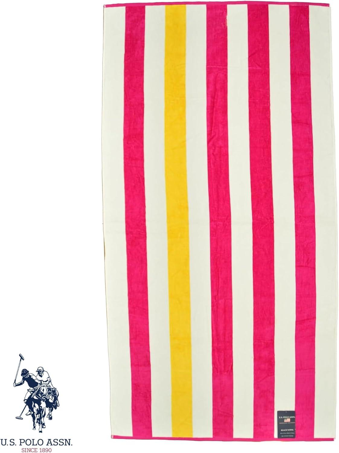 imageUS Polo Assn Oversized 40 x 70 Striped Nautical Design Beach Towel Luxury Plush Cotton Hotel Quality for Bath Pool Bon Voyage StripeCabana Stripe FushiaYellow