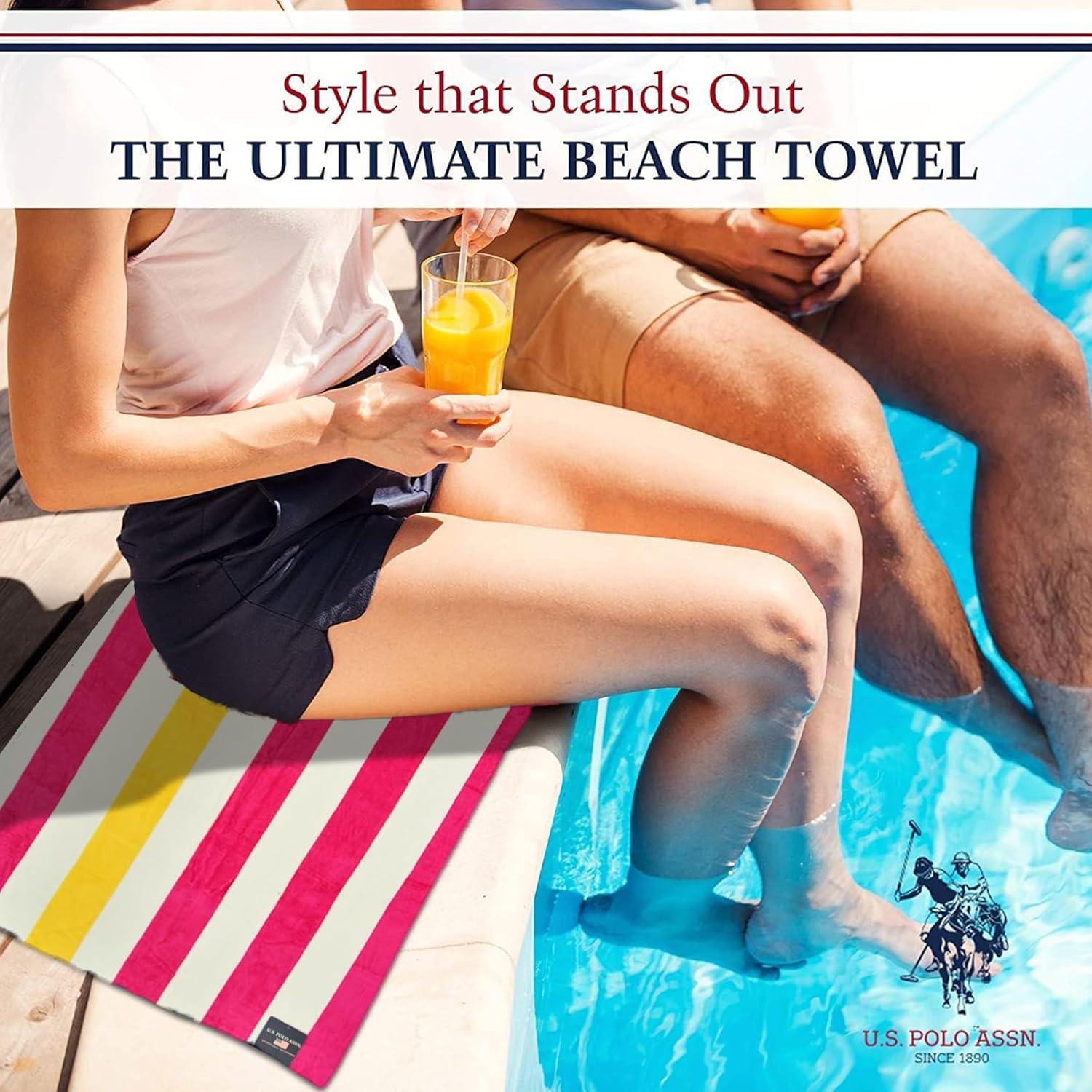 imageUS Polo Assn Oversized 40 x 70 Striped Nautical Design Beach Towel Luxury Plush Cotton Hotel Quality for Bath Pool Bon Voyage StripeCabana Stripe FushiaYellow