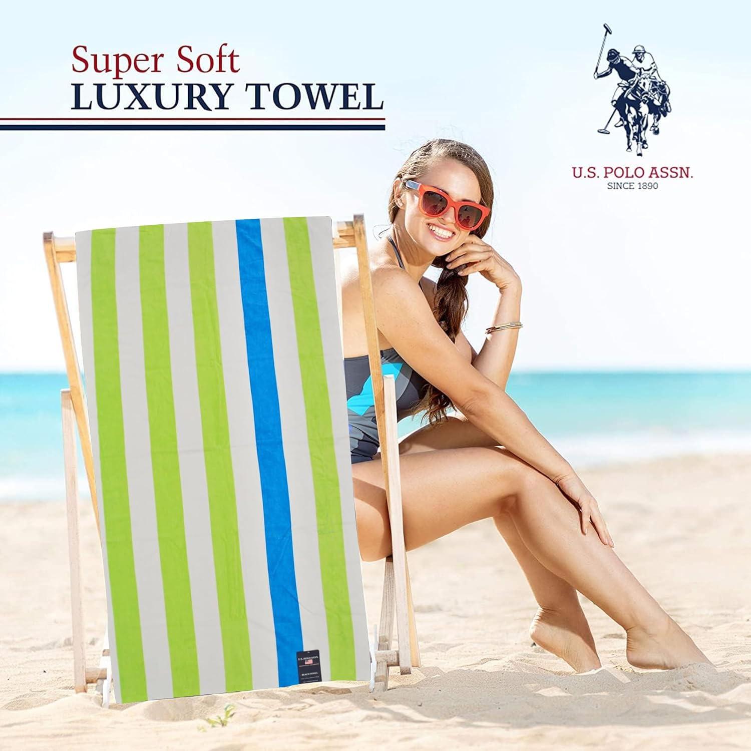 imageUS Polo Assn Oversized 40 x 70 Striped Nautical Design Beach Towel Luxury Plush Cotton Hotel Quality for Bath Pool Bon Voyage StripeCabana Stripe GreenTuq