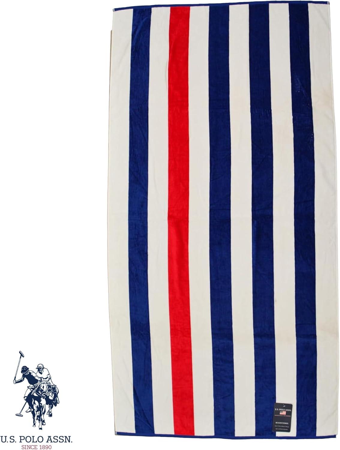 imageUS Polo Assn Oversized 40 x 70 Striped Nautical Design Beach Towel Luxury Plush Cotton Hotel Quality for Bath Pool Bon Voyage StripeCabana Stripe NavyRed