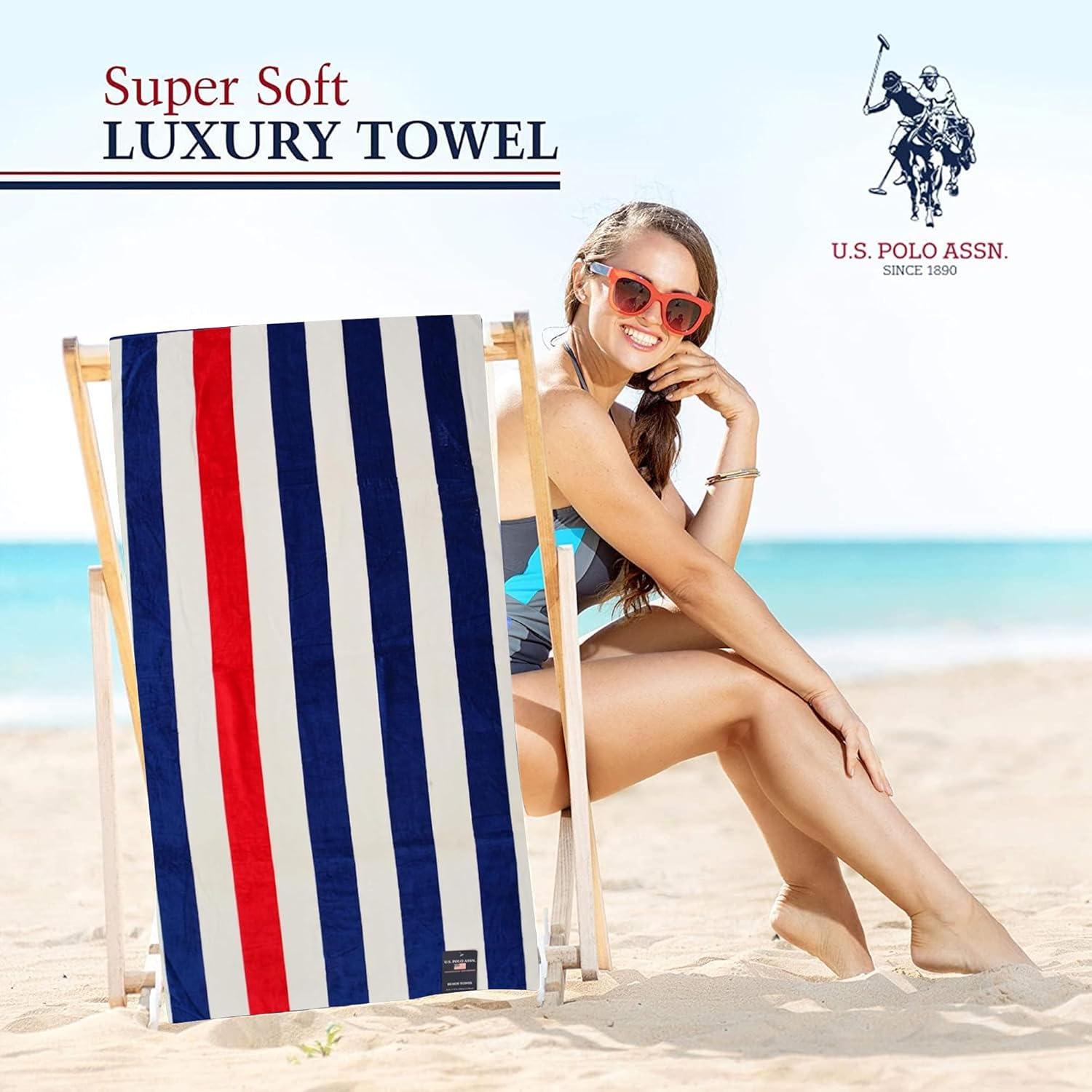 imageUS Polo Assn Oversized 40 x 70 Striped Nautical Design Beach Towel Luxury Plush Cotton Hotel Quality for Bath Pool Bon Voyage StripeCabana Stripe NavyRed