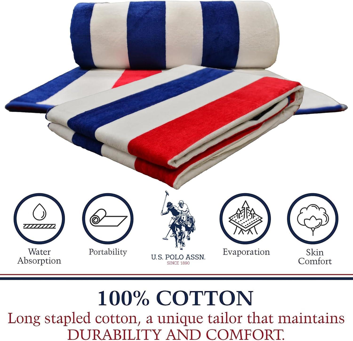 imageUS Polo Assn Oversized 40 x 70 Striped Nautical Design Beach Towel Luxury Plush Cotton Hotel Quality for Bath Pool Bon Voyage StripeCabana Stripe NavyRed