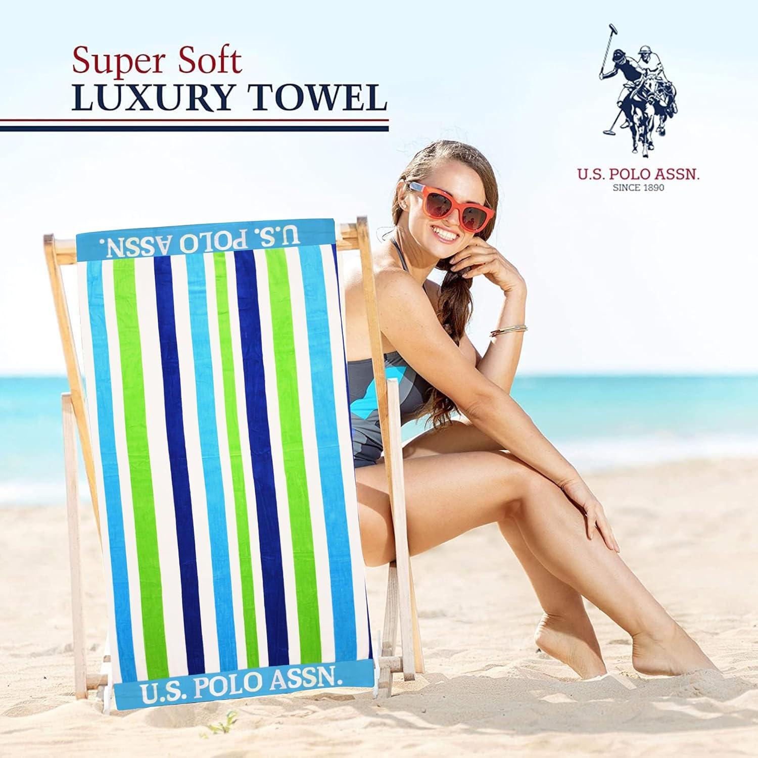 imageUS Polo Assn Oversized 40 x 70 Striped Nautical Design Beach Towel Luxury Plush Cotton Hotel Quality for Bath Pool Bon Voyage StripeDark BlueLight Green
