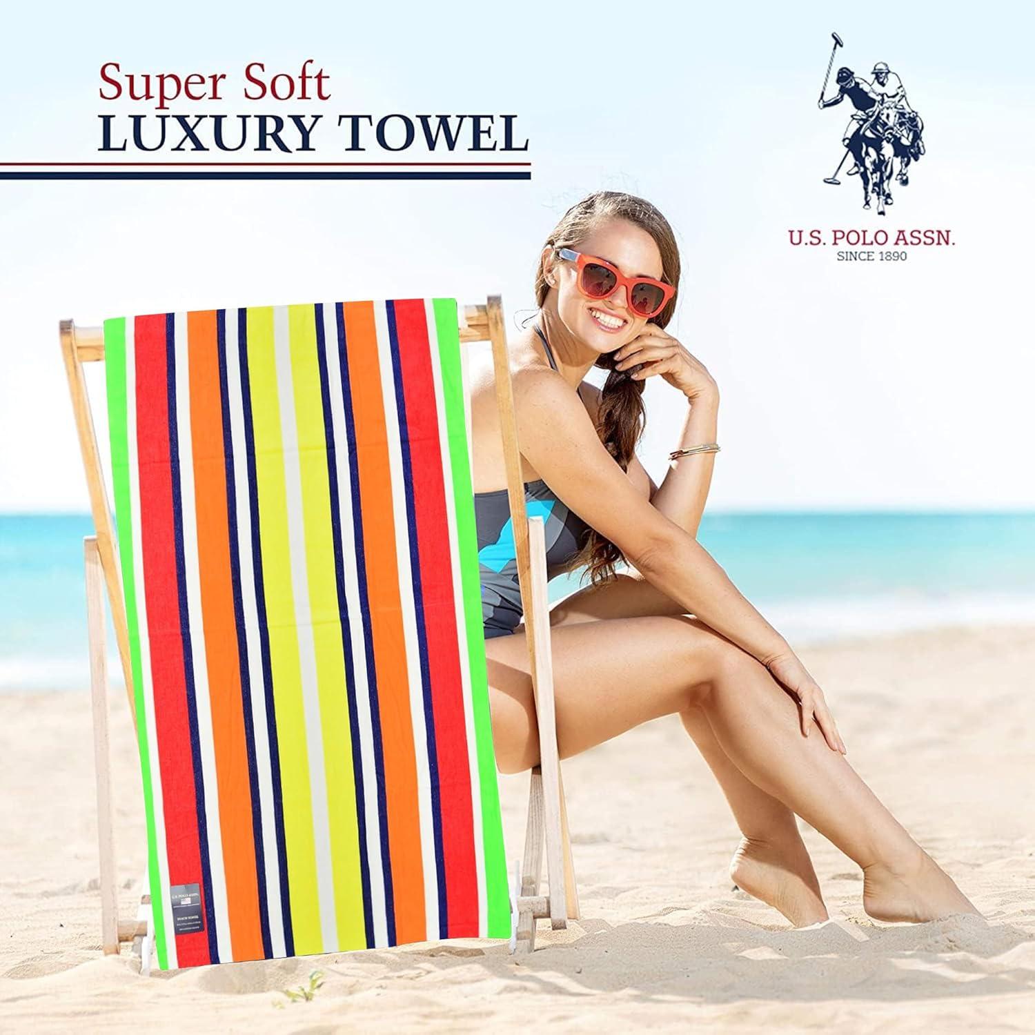 imageUS Polo Assn Oversized 40 x 70 Striped Nautical Design Beach Towel Luxury Plush Cotton Hotel Quality for Bath Pool Bon Voyage StripeFlame Stripe