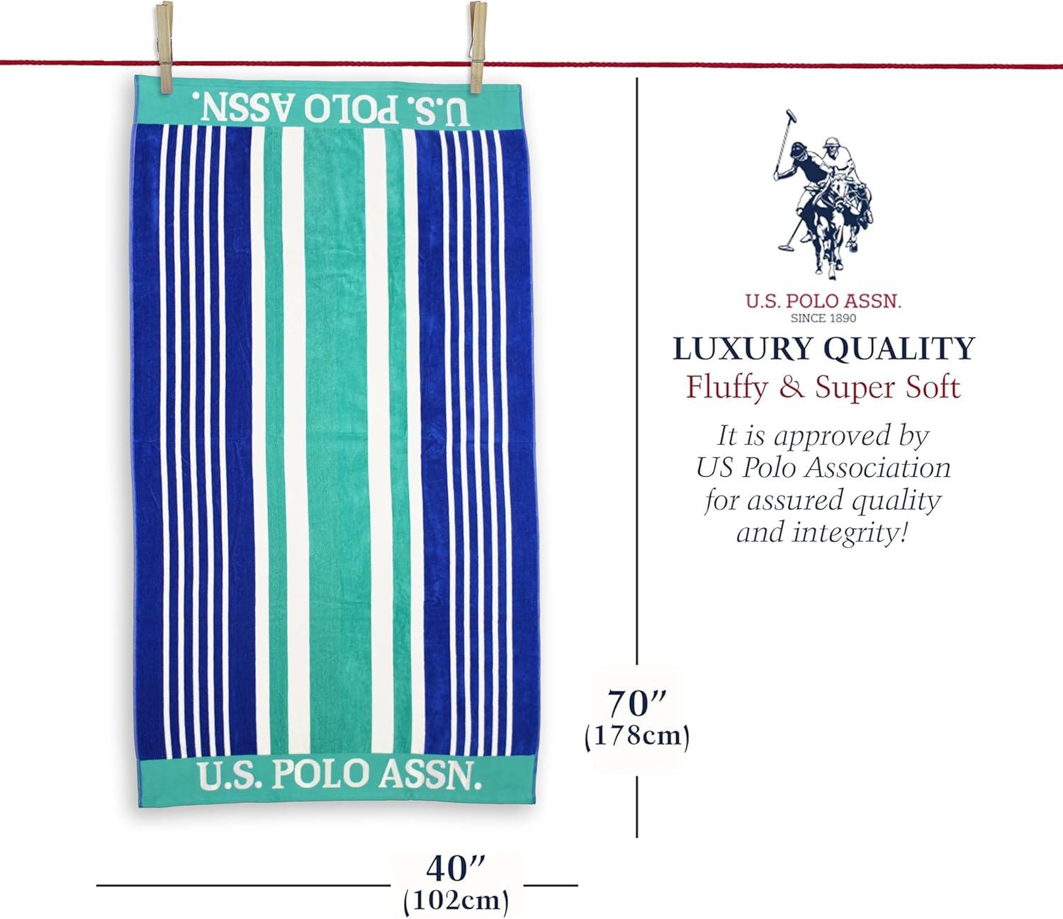 imageUS Polo Assn Oversized 40 x 70 Striped Nautical Design Beach Towel Luxury Plush Cotton Hotel Quality for Bath Pool Bon Voyage StripeGreen