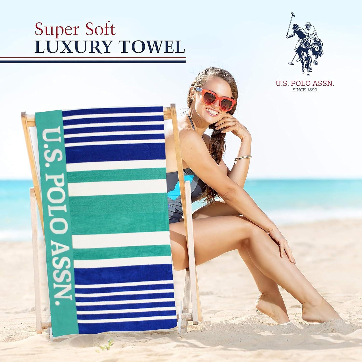 imageUS Polo Assn Oversized 40 x 70 Striped Nautical Design Beach Towel Luxury Plush Cotton Hotel Quality for Bath Pool Bon Voyage StripeGreen