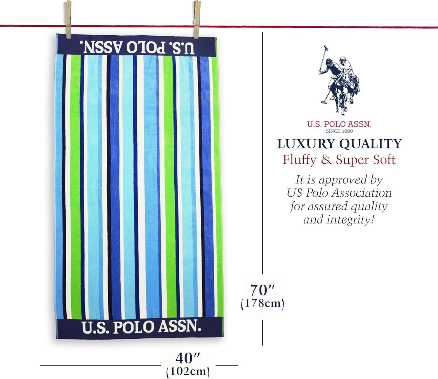 imageUS Polo Assn Oversized 40 x 70 Striped Nautical Design Beach Towel Luxury Plush Cotton Hotel Quality for Bath Pool Bon Voyage StripeGreenBlue
