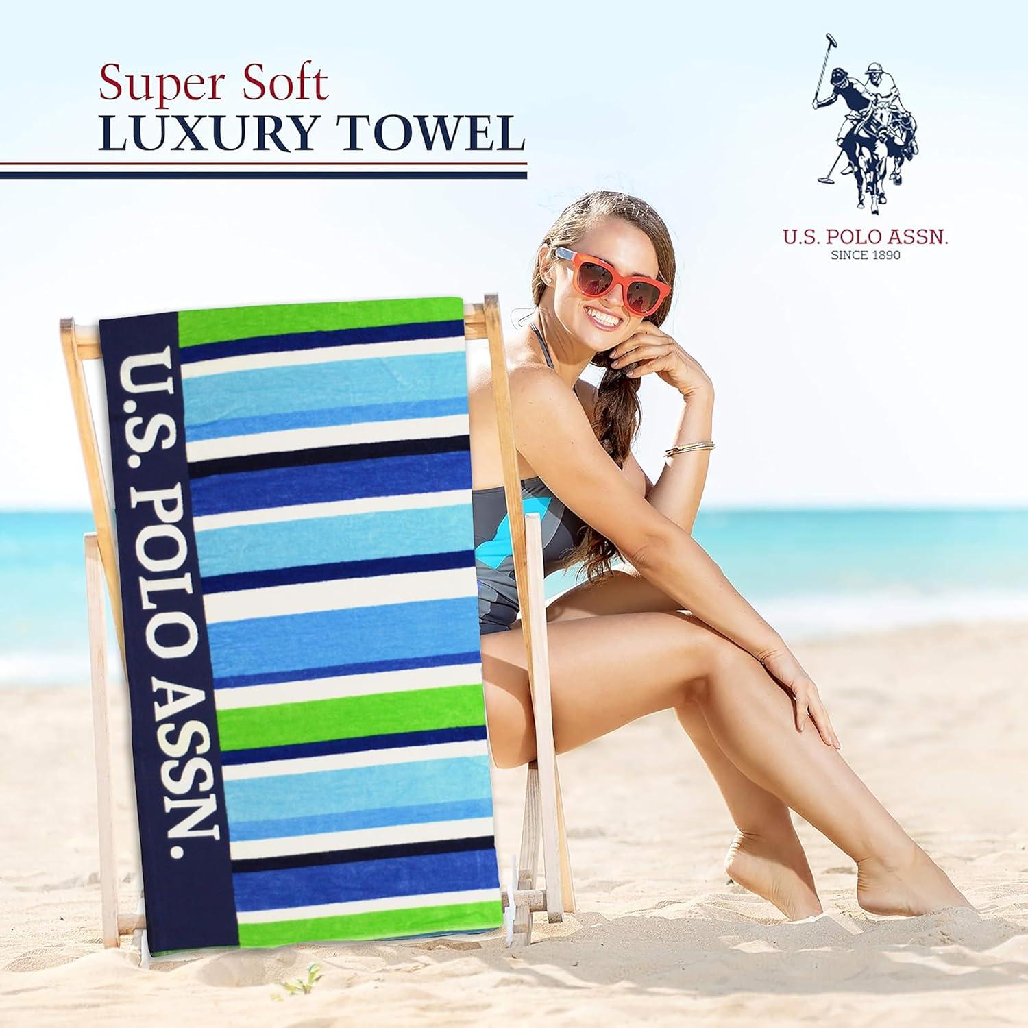 imageUS Polo Assn Oversized 40 x 70 Striped Nautical Design Beach Towel Luxury Plush Cotton Hotel Quality for Bath Pool Bon Voyage StripeGreenBlue