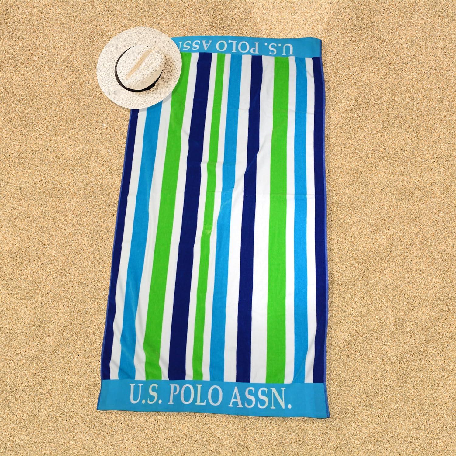 imageUS Polo Assn Oversized 40 x 70 Striped Nautical Design Beach Towel Luxury Plush Cotton Hotel Quality for Bath Pool Bon Voyage StripeGreenBlue Lanai Double Jacquard