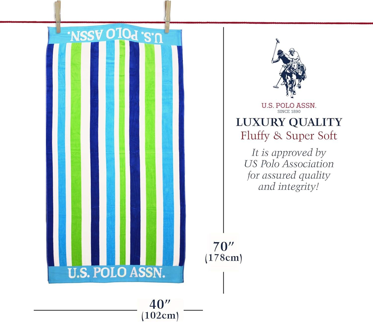 imageUS Polo Assn Oversized 40 x 70 Striped Nautical Design Beach Towel Luxury Plush Cotton Hotel Quality for Bath Pool Bon Voyage StripeGreenBlue Lanai Double Jacquard