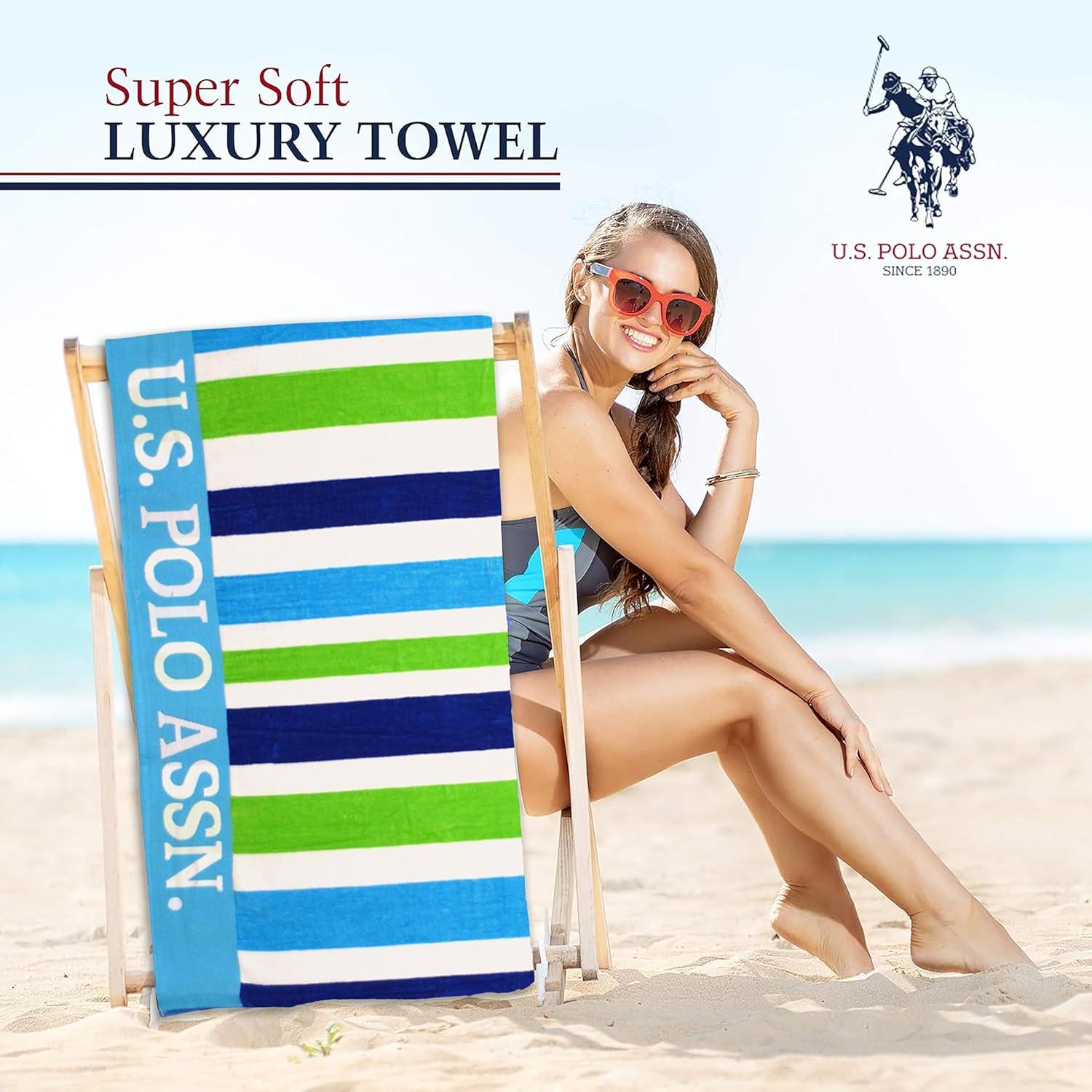 imageUS Polo Assn Oversized 40 x 70 Striped Nautical Design Beach Towel Luxury Plush Cotton Hotel Quality for Bath Pool Bon Voyage StripeGreenBlue Lanai Double Jacquard
