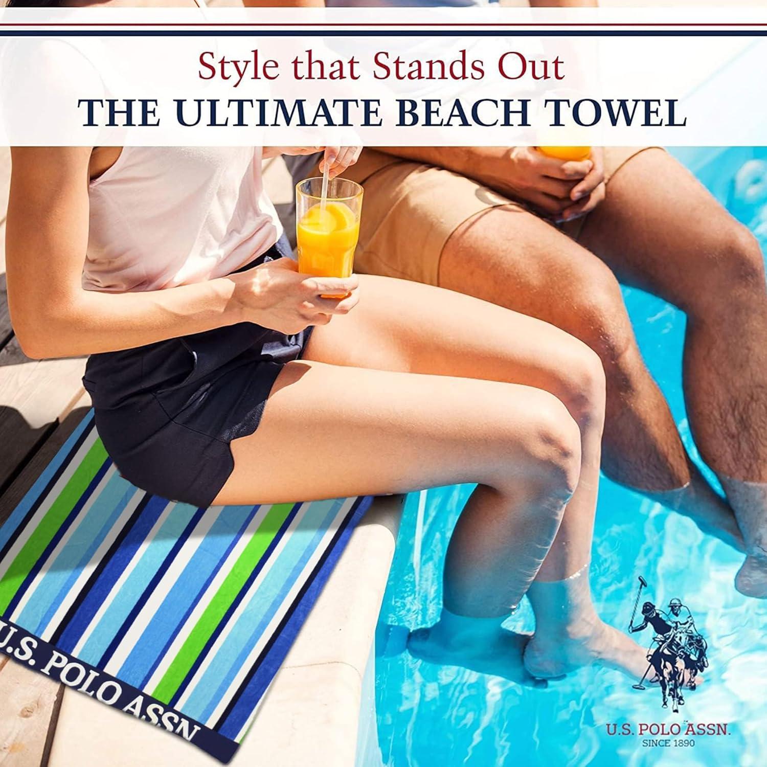 imageUS Polo Assn Oversized 40 x 70 Striped Nautical Design Beach Towel Luxury Plush Cotton Hotel Quality for Bath Pool Bon Voyage StripeGreenBlueColorful