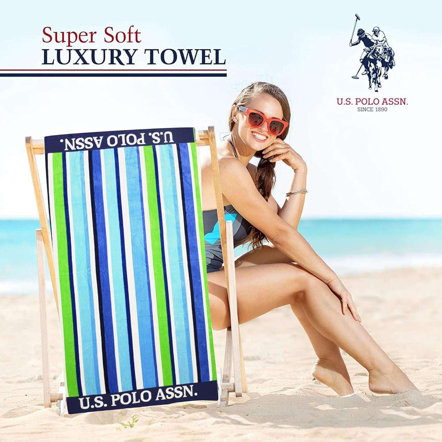 imageUS Polo Assn Oversized 40 x 70 Striped Nautical Design Beach Towel Luxury Plush Cotton Hotel Quality for Bath Pool Bon Voyage StripeGreenBlueColorful