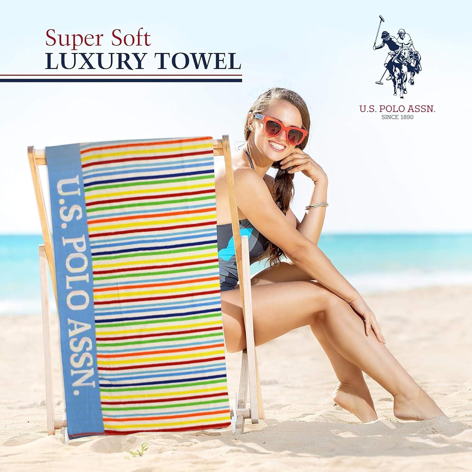 imageUS Polo Assn Oversized 40 x 70 Striped Nautical Design Beach Towel Luxury Plush Cotton Hotel Quality for Bath Pool Bon Voyage StripeLight BlueYellow