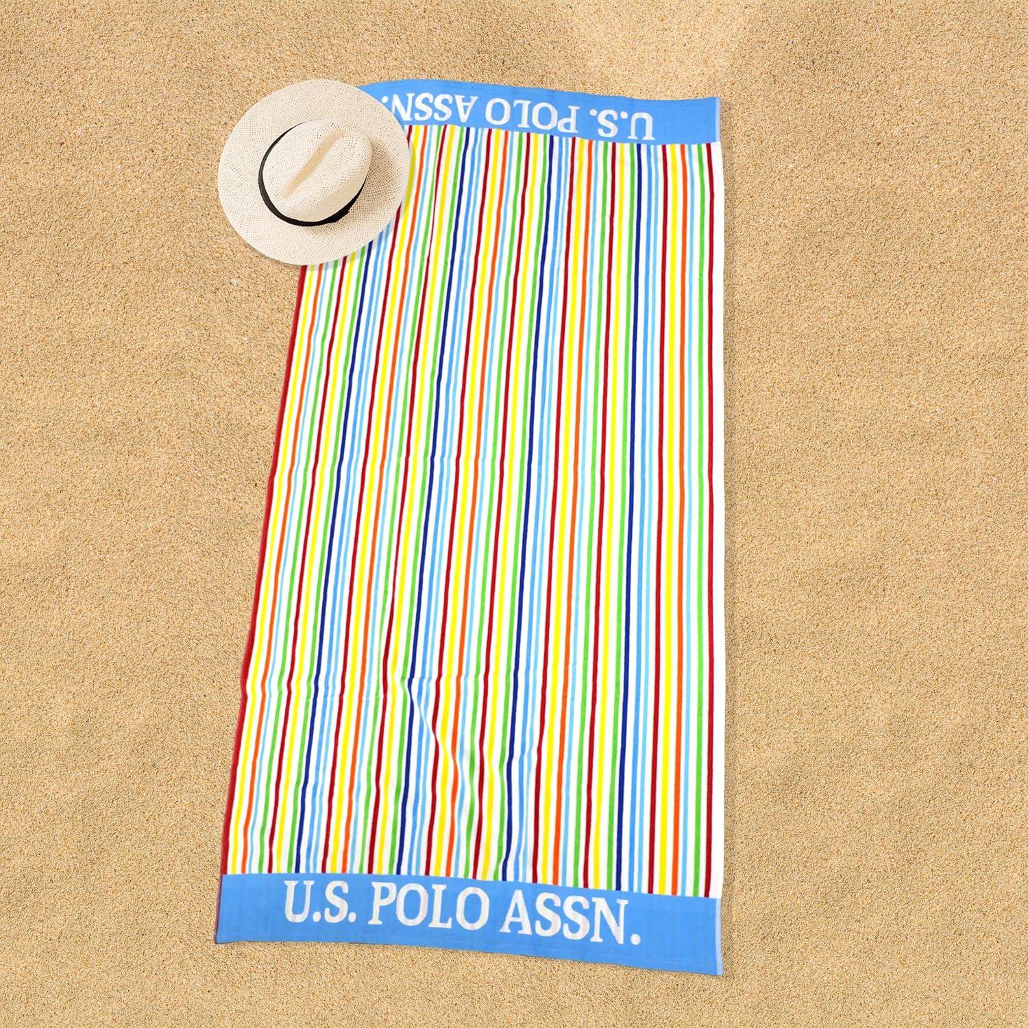 imageUS Polo Assn Oversized 40 x 70 Striped Nautical Design Beach Towel Luxury Plush Cotton Hotel Quality for Bath Pool Bon Voyage StripeLight BlueYellow