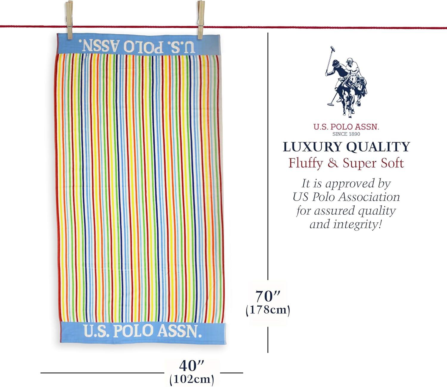 imageUS Polo Assn Oversized 40 x 70 Striped Nautical Design Beach Towel Luxury Plush Cotton Hotel Quality for Bath Pool Bon Voyage StripeLight BlueYellow