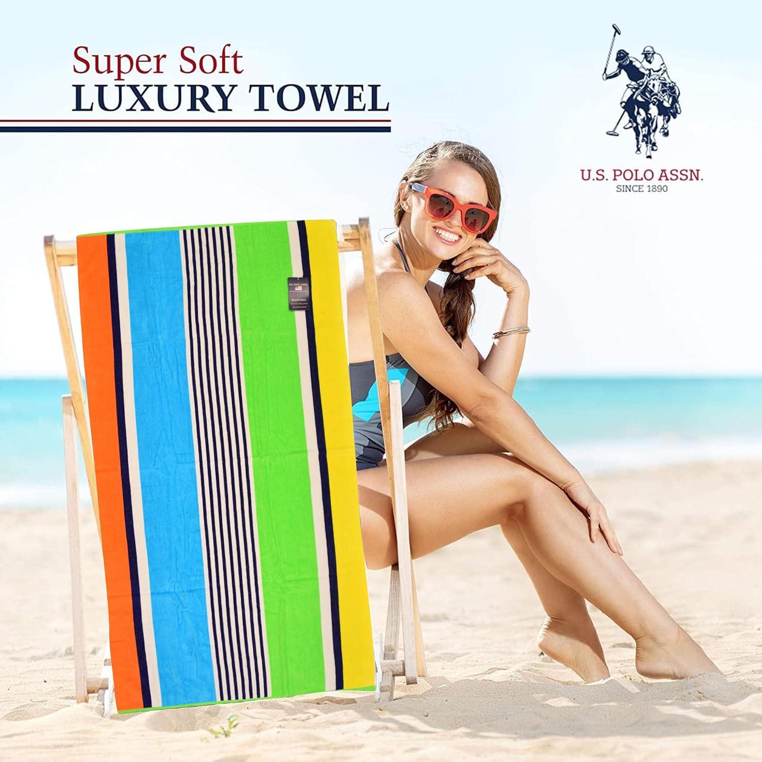imageUS Polo Assn Oversized 40 x 70 Striped Nautical Design Beach Towel Luxury Plush Cotton Hotel Quality for Bath Pool Bon Voyage StripeMotto Beach