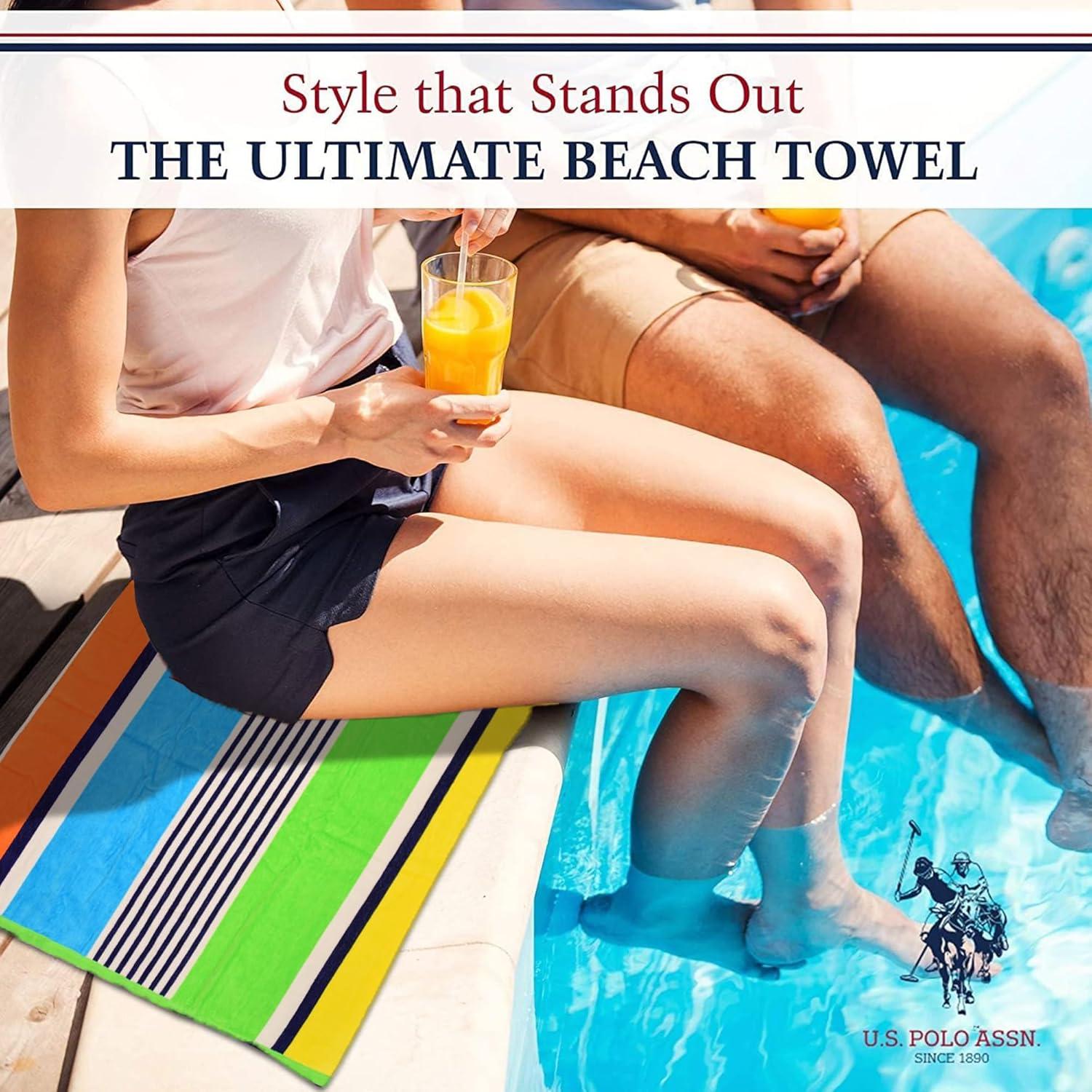 imageUS Polo Assn Oversized 40 x 70 Striped Nautical Design Beach Towel Luxury Plush Cotton Hotel Quality for Bath Pool Bon Voyage StripeMotto Beach