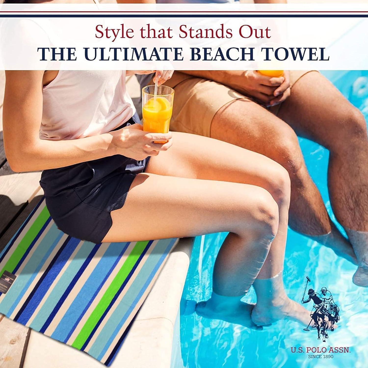 imageUS Polo Assn Oversized 40 x 70 Striped Nautical Design Beach Towel Luxury Plush Cotton Hotel Quality for Bath Pool Bon Voyage StripeMyrtle Stripe