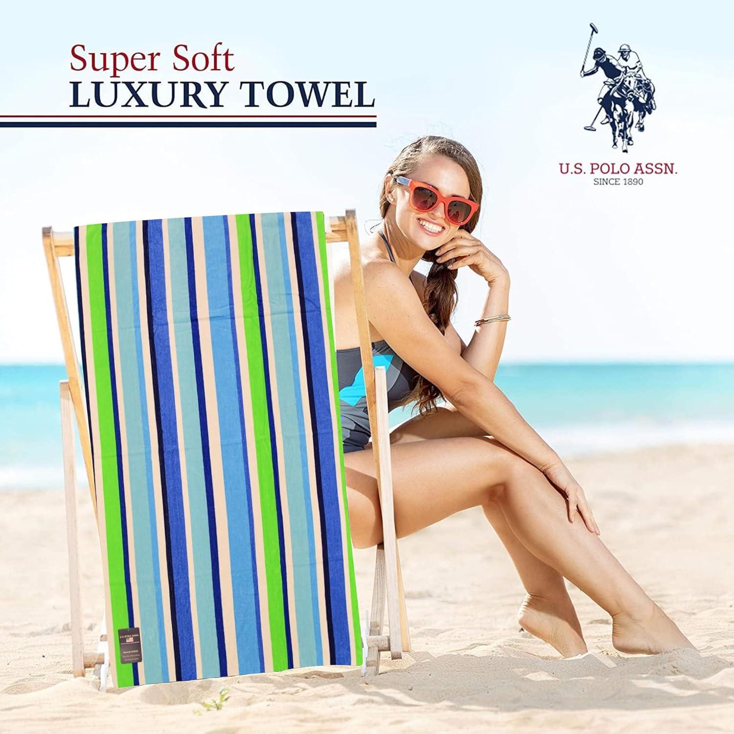 imageUS Polo Assn Oversized 40 x 70 Striped Nautical Design Beach Towel Luxury Plush Cotton Hotel Quality for Bath Pool Bon Voyage StripeMyrtle Stripe