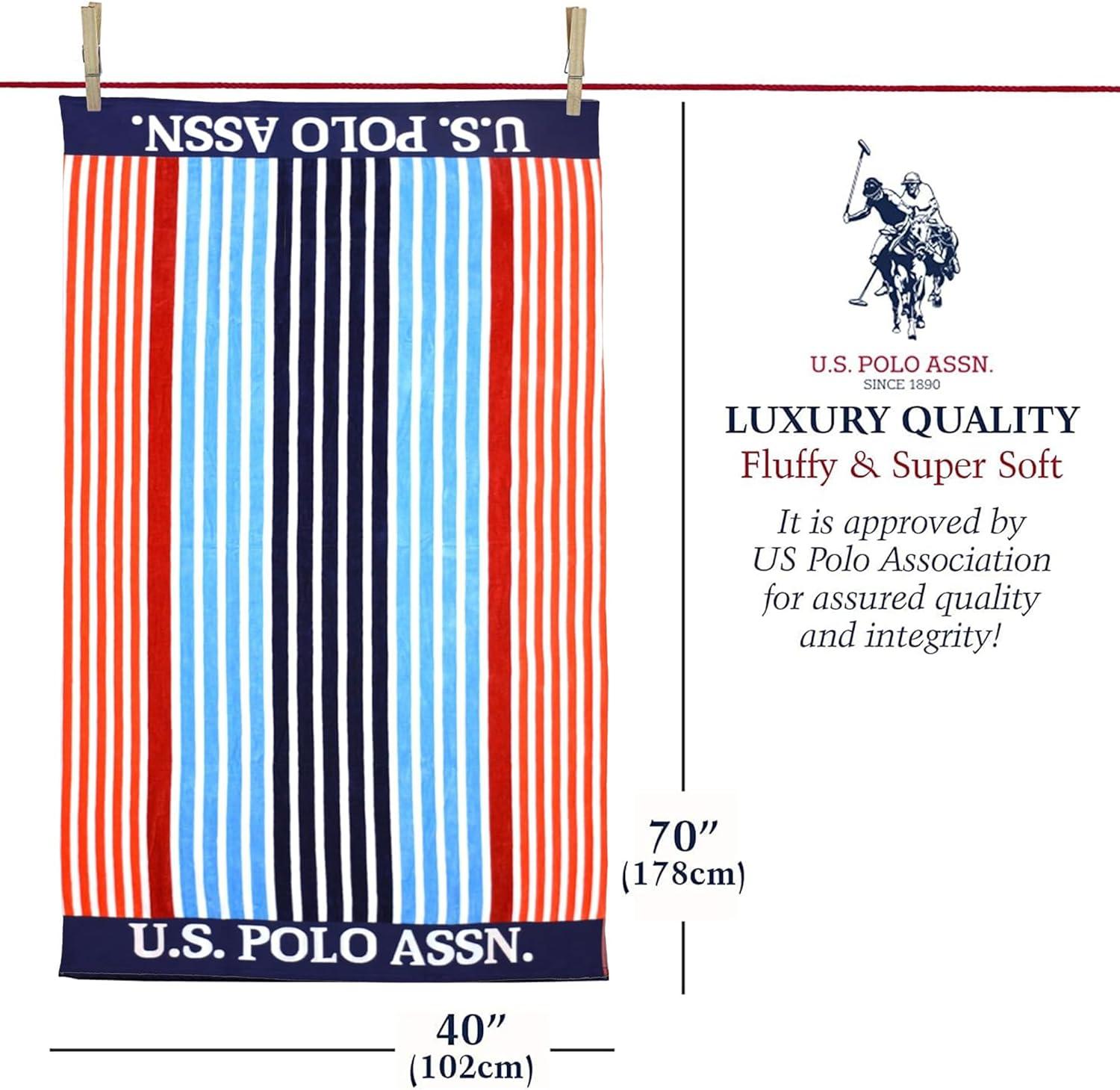 imageUS Polo Assn Oversized 40 x 70 Striped Nautical Design Beach Towel Luxury Plush Cotton Hotel Quality for Bath Pool Bon Voyage StripeNavy