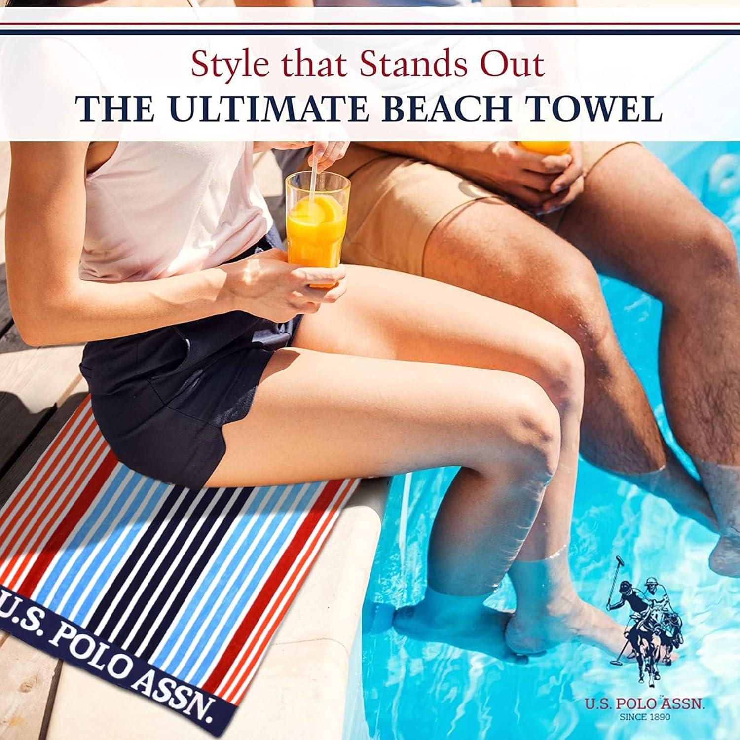 imageUS Polo Assn Oversized 40 x 70 Striped Nautical Design Beach Towel Luxury Plush Cotton Hotel Quality for Bath Pool Bon Voyage StripeNavy