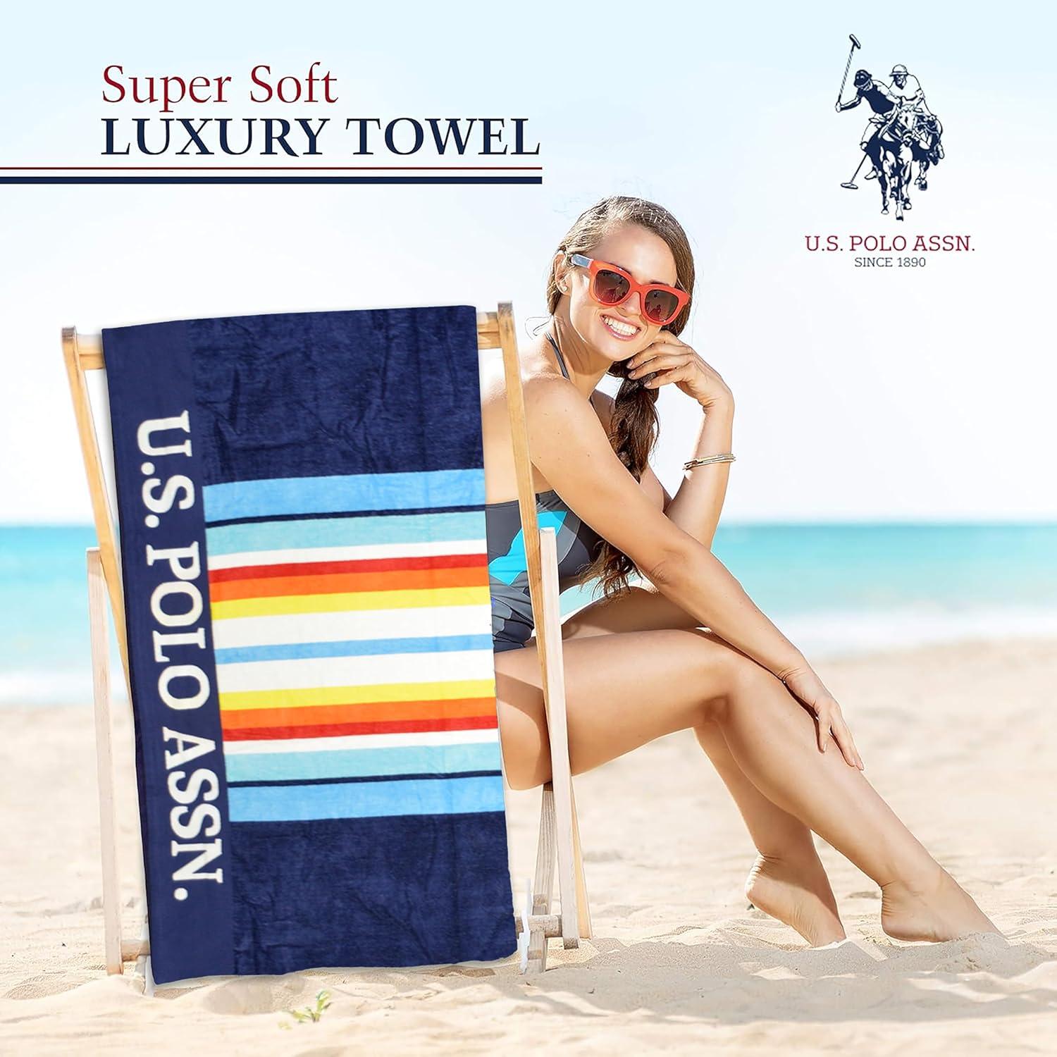 imageUS Polo Assn Oversized 40 x 70 Striped Nautical Design Beach Towel Luxury Plush Cotton Hotel Quality for Bath Pool Bon Voyage StripeNavyLight Blue