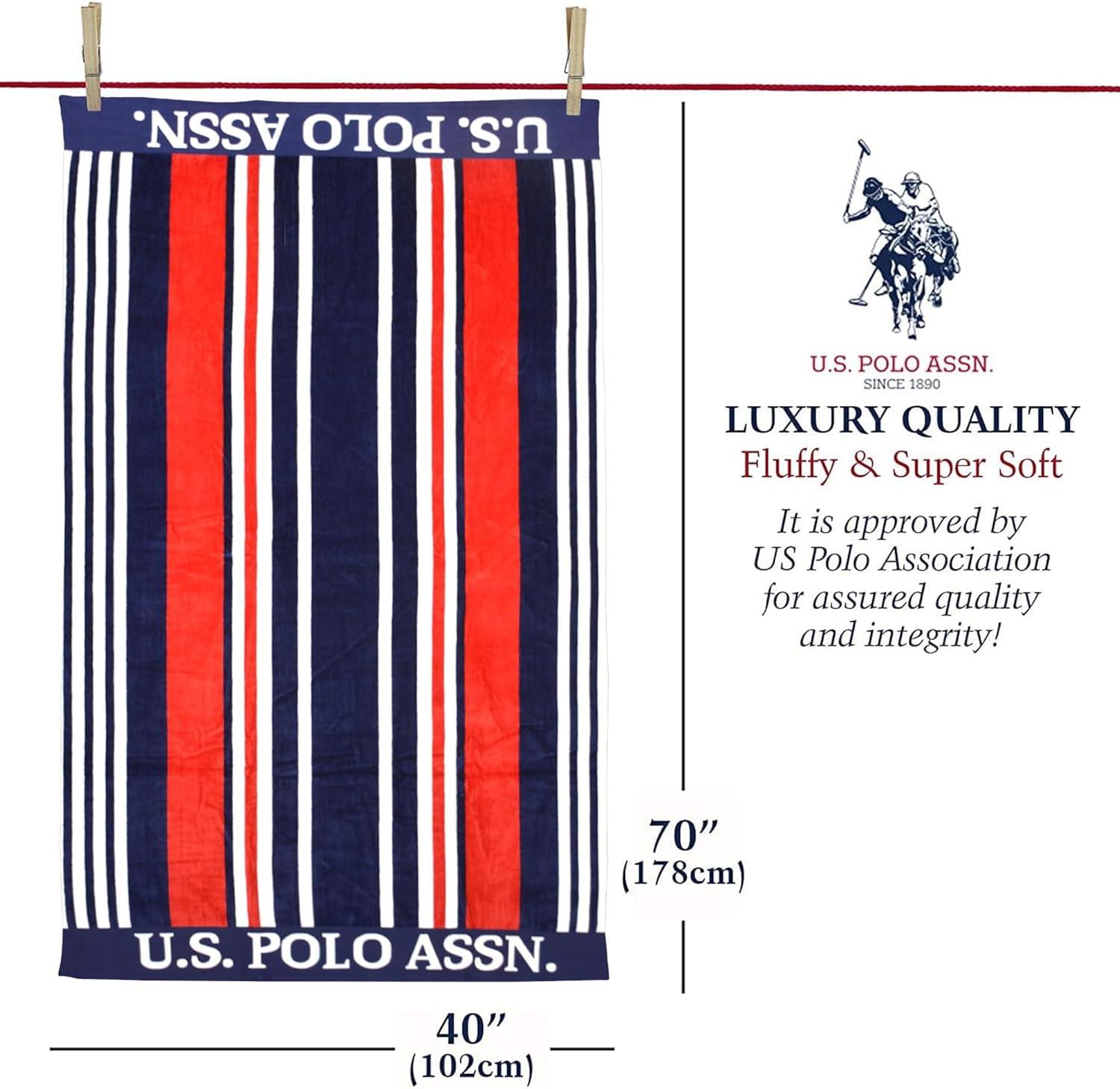 imageUS Polo Assn Oversized 40 x 70 Striped Nautical Design Beach Towel Luxury Plush Cotton Hotel Quality for Bath Pool Bon Voyage StripeNavyRedOrange
