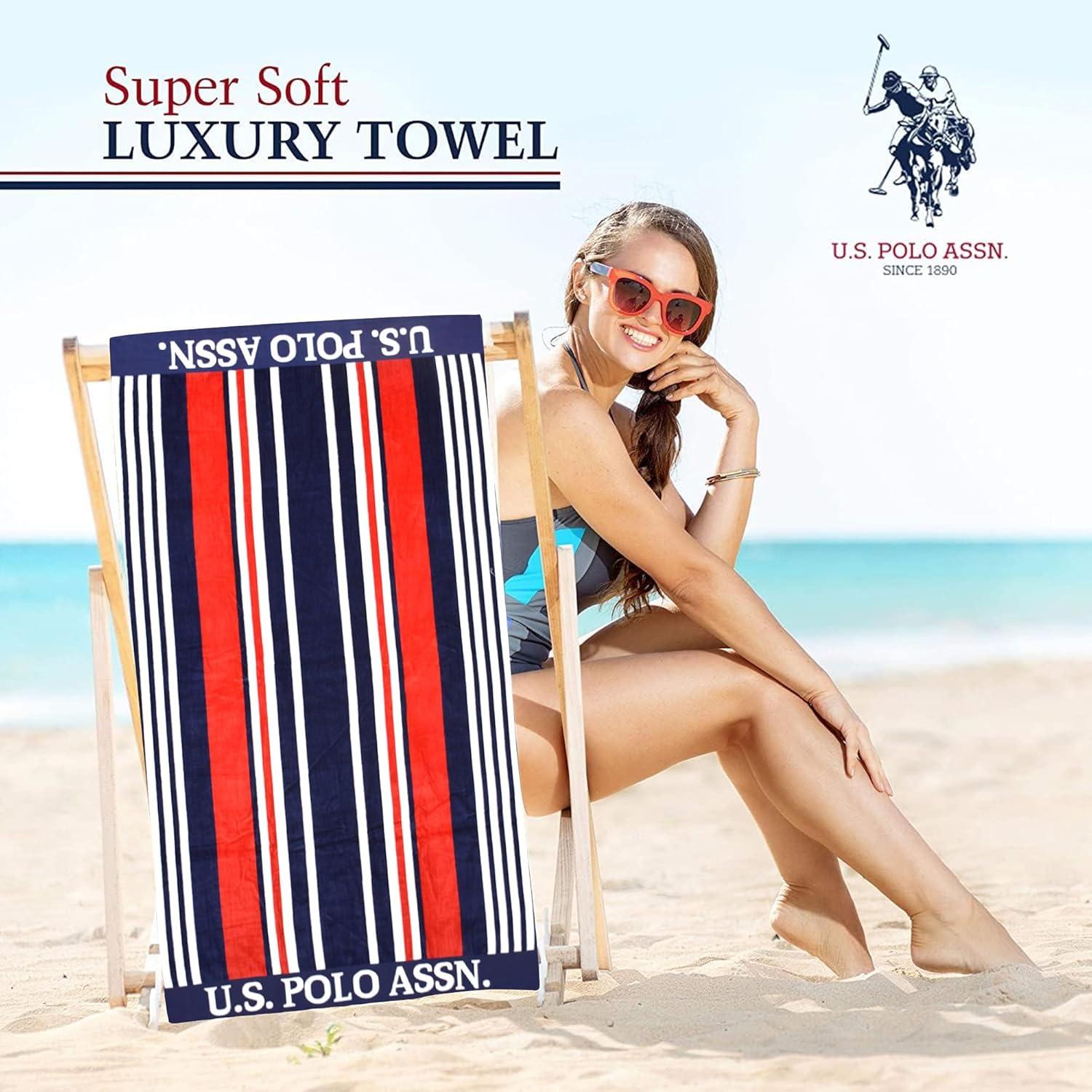 imageUS Polo Assn Oversized 40 x 70 Striped Nautical Design Beach Towel Luxury Plush Cotton Hotel Quality for Bath Pool Bon Voyage StripeNavyRedOrange