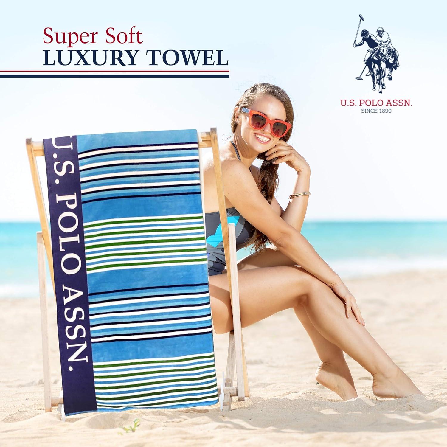 imageUS Polo Assn Oversized 40 x 70 Striped Nautical Design Beach Towel Luxury Plush Cotton Hotel Quality for Bath Pool Bon Voyage StripePort Stripe