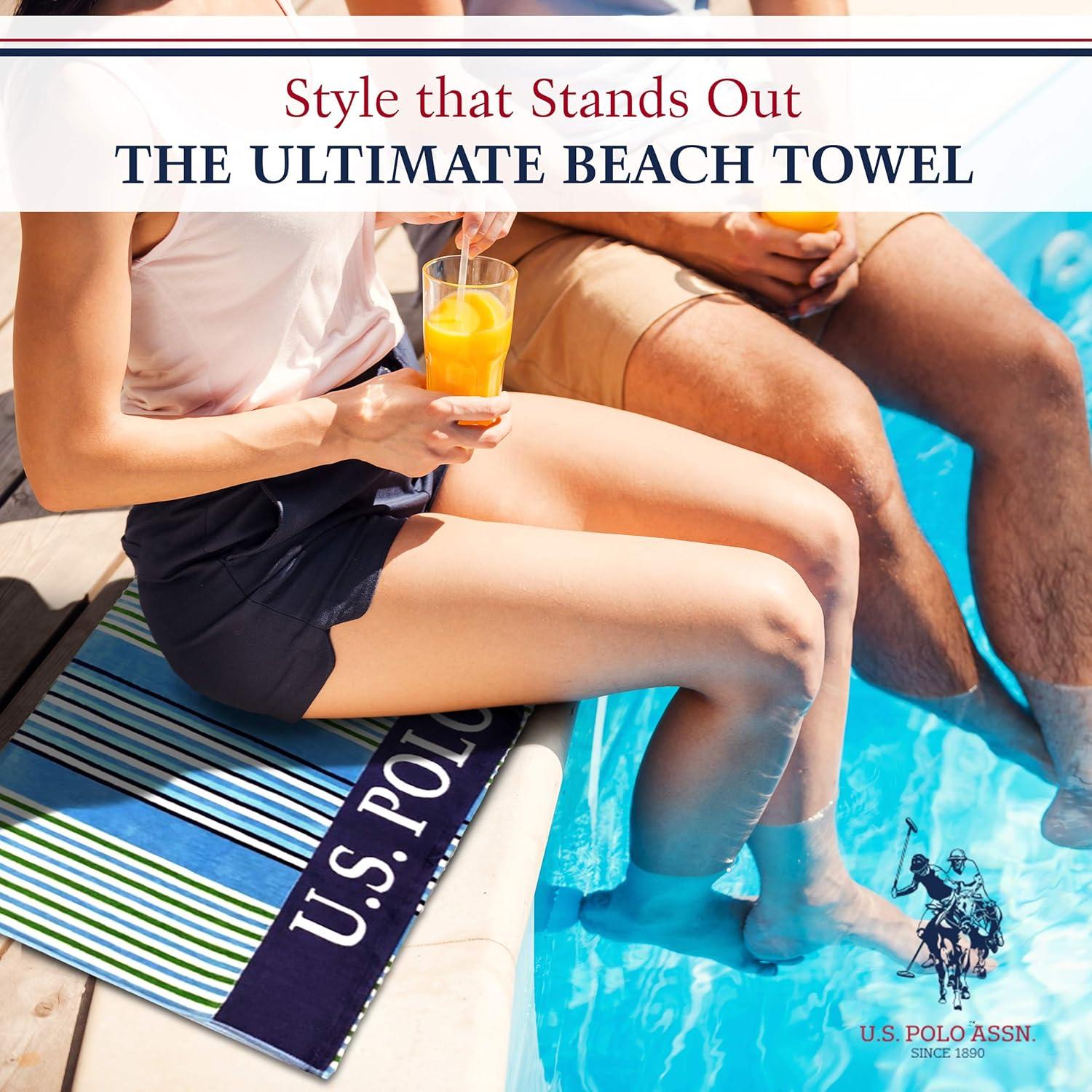 imageUS Polo Assn Oversized 40 x 70 Striped Nautical Design Beach Towel Luxury Plush Cotton Hotel Quality for Bath Pool Bon Voyage StripePort Stripe