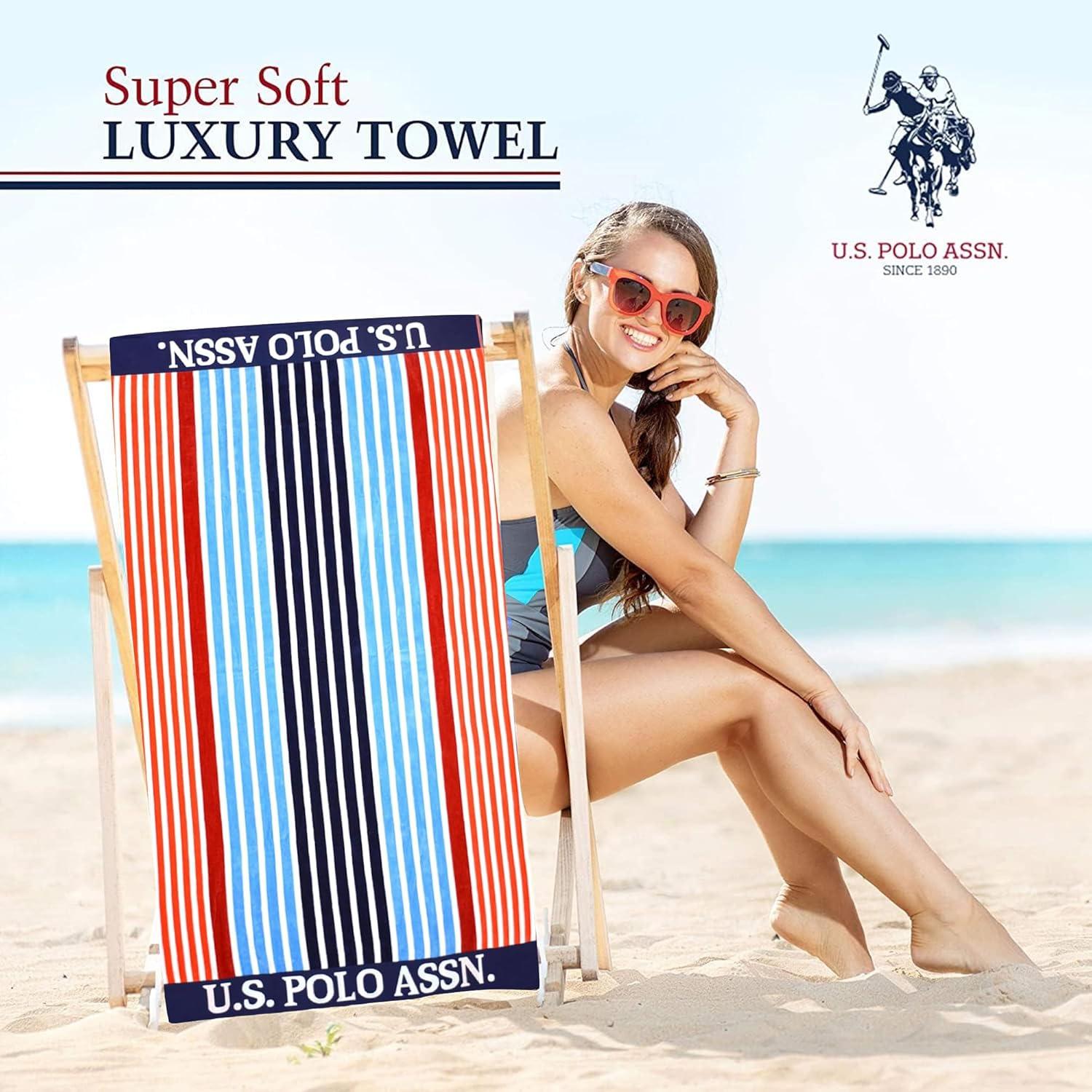 imageUS Polo Assn Oversized 40 x 70 Striped Nautical Design Beach Towel Luxury Plush Cotton Hotel Quality for Bath Pool Bon Voyage StripeRedLt BlueNavy