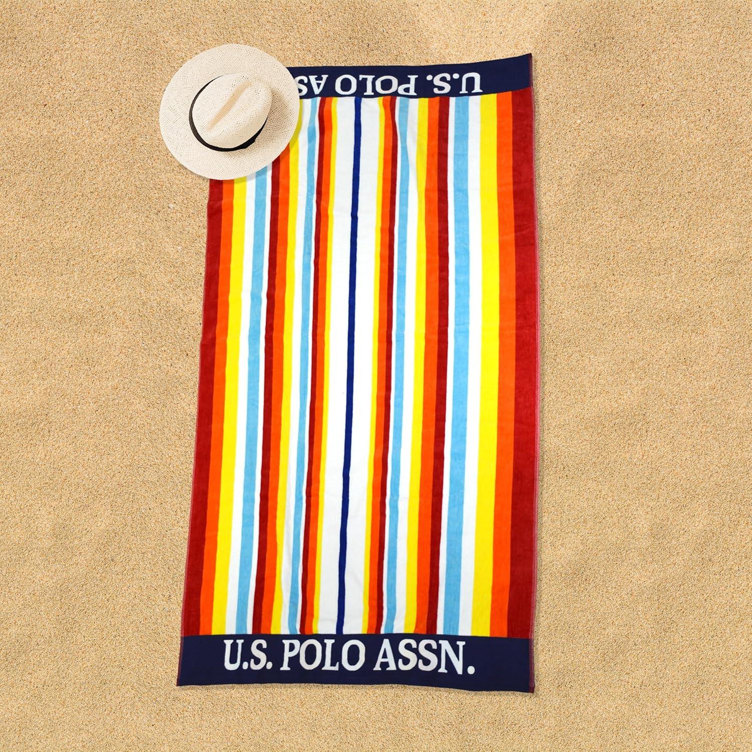 imageUS Polo Assn Oversized 40 x 70 Striped Nautical Design Beach Towel Luxury Plush Cotton Hotel Quality for Bath Pool Bon Voyage StripeRedOrange