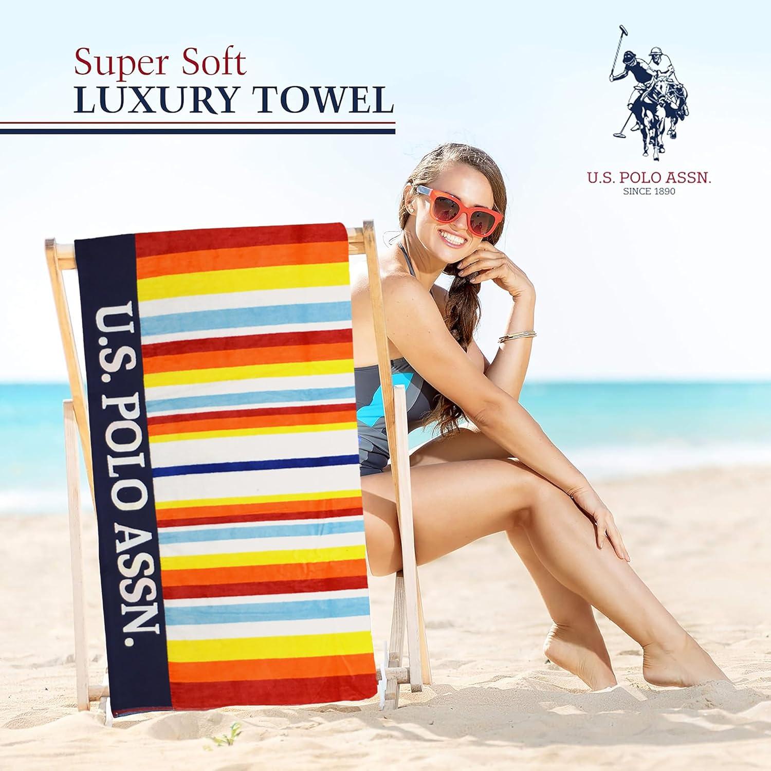 imageUS Polo Assn Oversized 40 x 70 Striped Nautical Design Beach Towel Luxury Plush Cotton Hotel Quality for Bath Pool Bon Voyage StripeRedOrange
