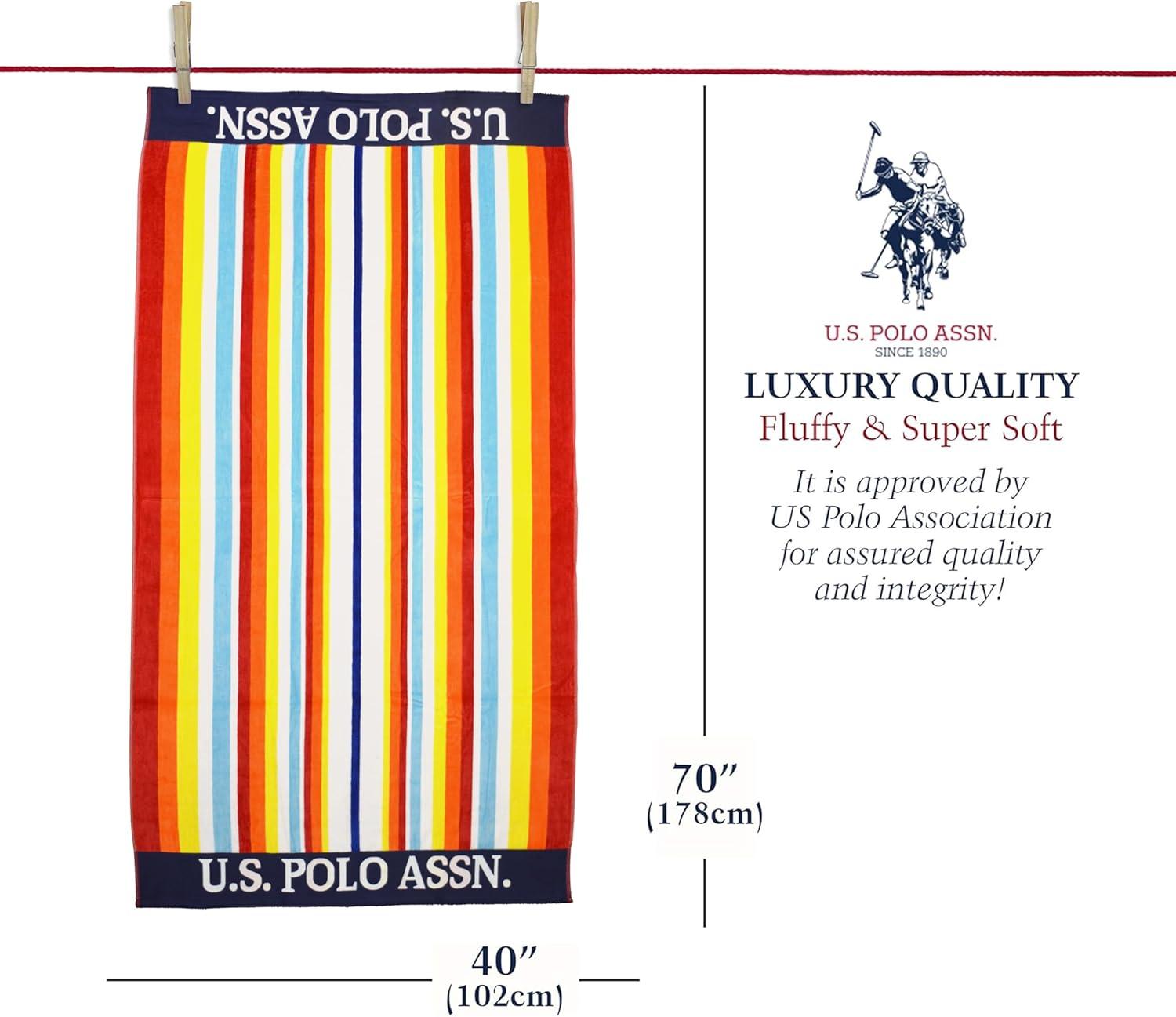 imageUS Polo Assn Oversized 40 x 70 Striped Nautical Design Beach Towel Luxury Plush Cotton Hotel Quality for Bath Pool Bon Voyage StripeRedOrange
