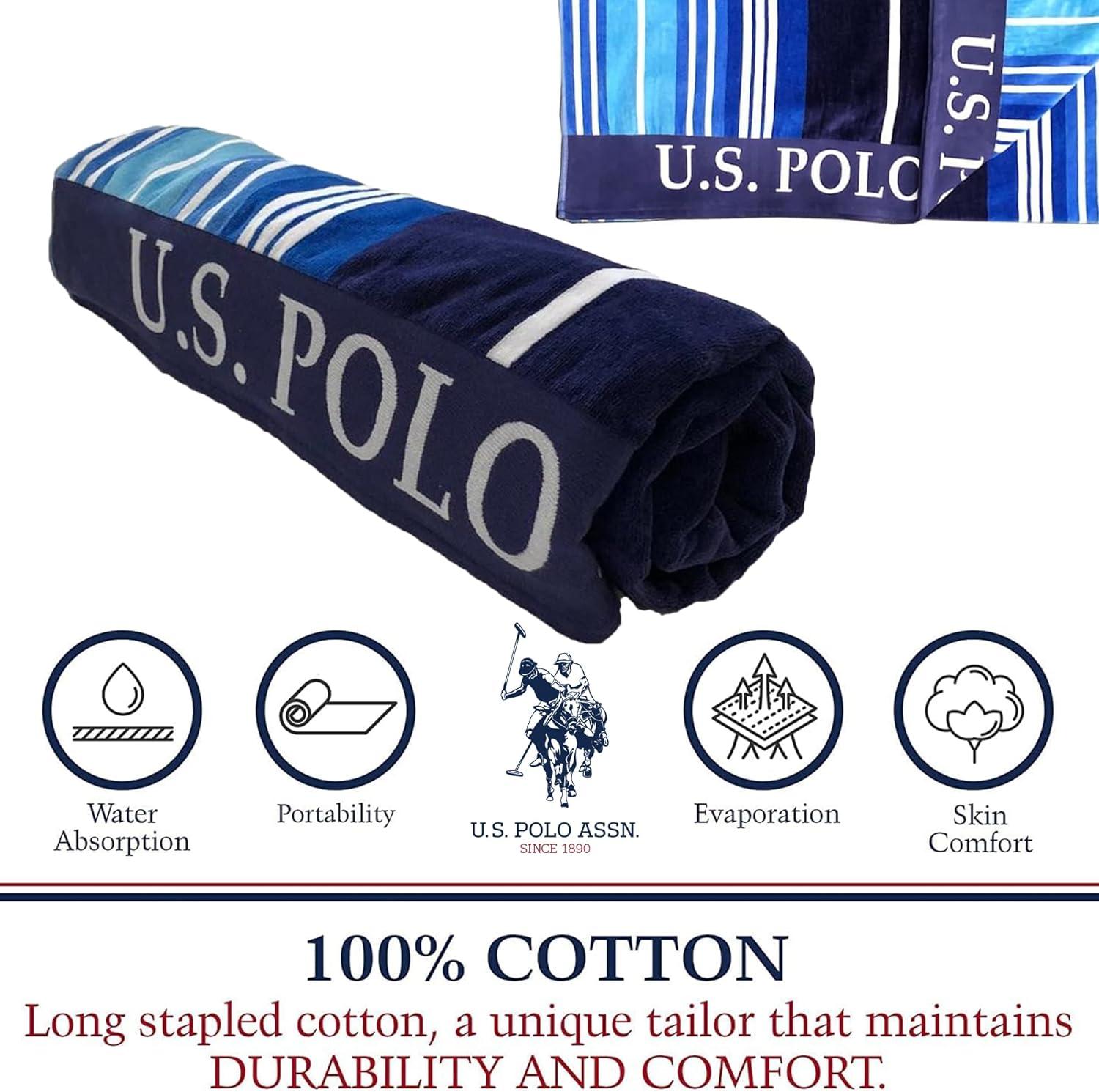 imageUS Polo Assn Oversized 40 x 70 Striped Nautical Design Beach Towel Luxury Plush Cotton Hotel Quality for Bath Pool Bon Voyage StripeShip Shape Stripe