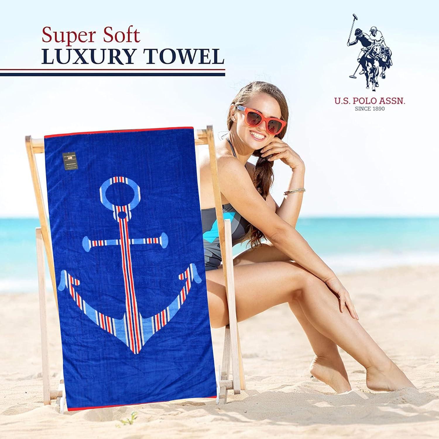 imageUS Polo Assn Oversized 40 x 70 Striped Nautical Design Beach Towel Luxury Plush Cotton Hotel Quality for Bath Pool Bon Voyage StripeZig Zag Stripe and Anchor