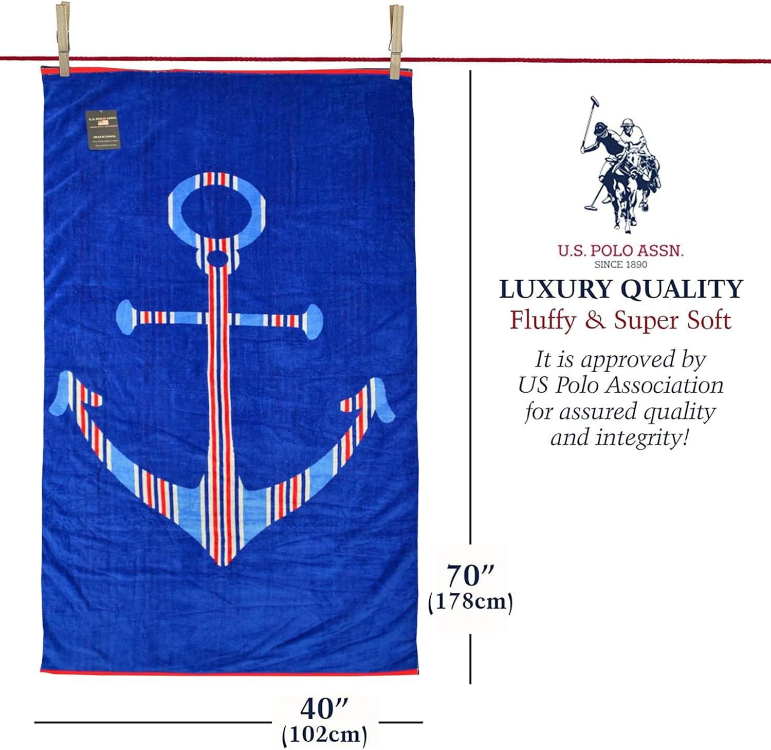 imageUS Polo Assn Oversized 40 x 70 Striped Nautical Design Beach Towel Luxury Plush Cotton Hotel Quality for Bath Pool Bon Voyage StripeZig Zag Stripe and Anchor