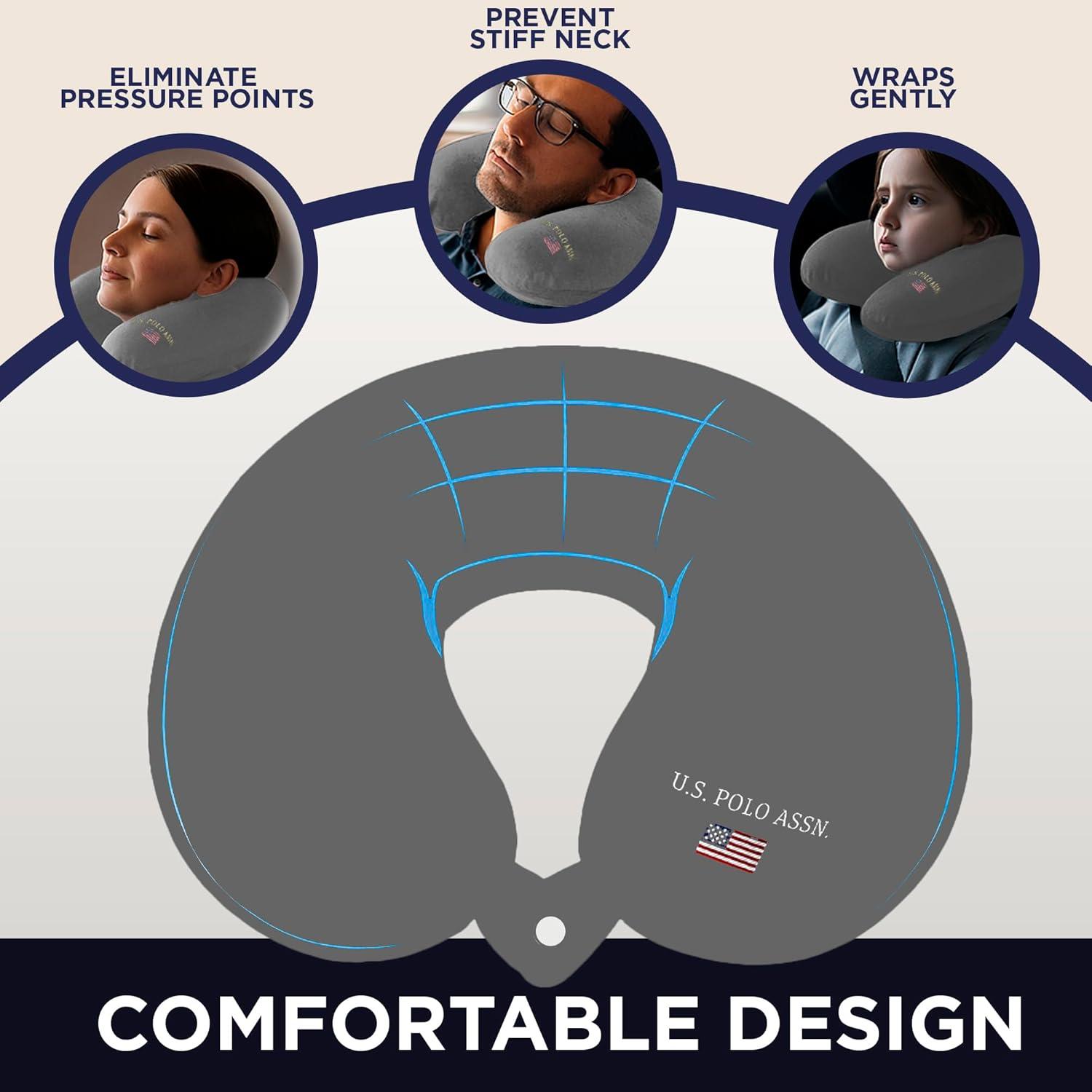 imageUS Polo Assn Plush Memory Foam Travel Neck Pillow RedCloud Grey