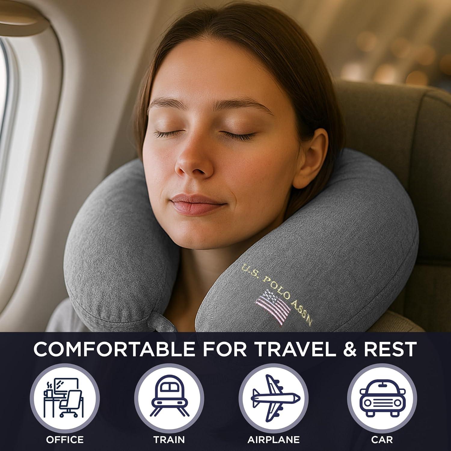 imageUS Polo Assn Plush Memory Foam Travel Neck Pillow RedCloud Grey