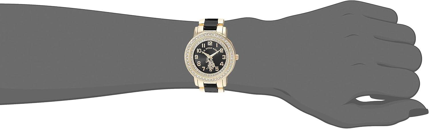 imageUS Polo Assn Womens GoldTone Watch with Black Dial and Crystal Bezel TwoTone Link Bracelet Quartz Analog Timepiece Fits Wrists 55quot8quot with 40mm Case in GiftBox