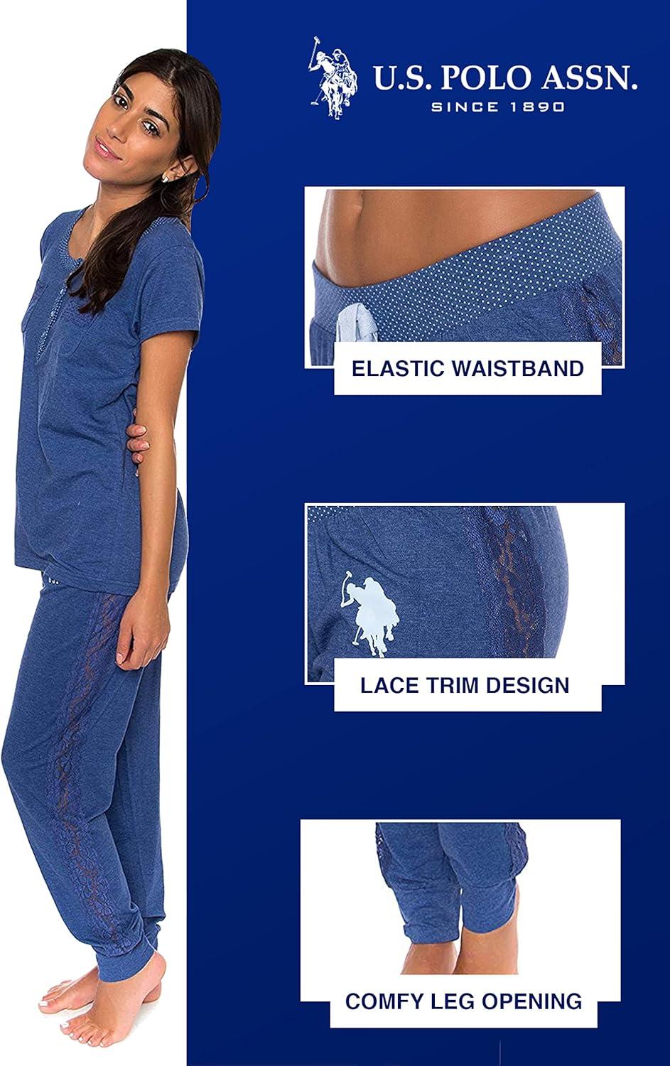 imageUS Polo Assn Womens Pajama Set Short Sleeve PJs with Jogger Pajama PantsBlue Depth Heather